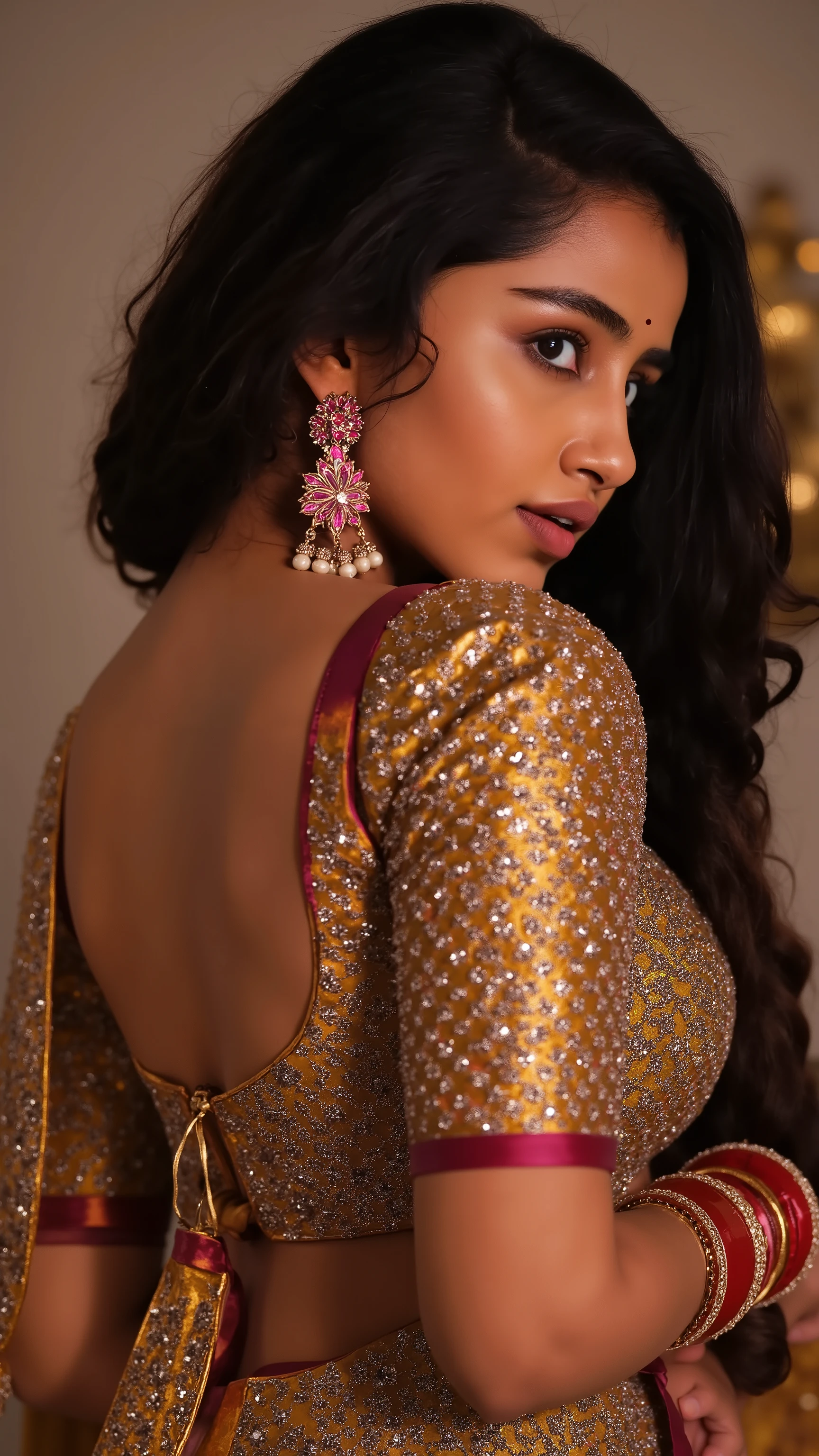 A stunning, busty woman captured in a dramatic side view, wearing an intricately designed desi blouse that perfectly accentuates her curves. The blouse, adorned with delicate golden embroidery and shimmering embellishments, glows under soft, warm lighting. Her rich, cascading hair flows over her shoulder, framing her face, which holds a serene yet captivating expression. She is draped in traditional jewelry—heavy gold necklaces resting against her collarbone, large jhumka earrings swaying gently, and an ornate maang tikka placed elegantly on her forehead. Bangles in red and gold line her wrists, catching the light with every subtle movement. The blurred background enhances the subject, radiating a warm, regal atmosphere with a hint of soft-focus golden bokeh. T