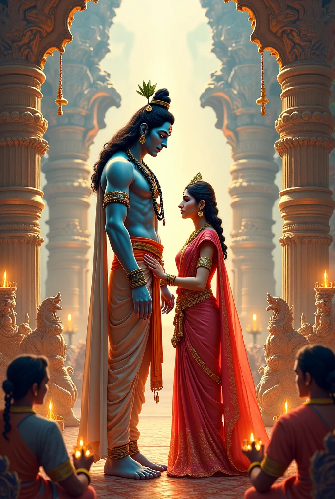 Create an AI image of man wearing white shirt and white lungi and woman wearing saree ...Both of them holding the hands beside lord Shiva statue