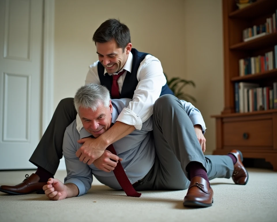 On the bed、A woman wearing a tight grey sweater and jeans sits on an older man&#39;s lap and hugs him.