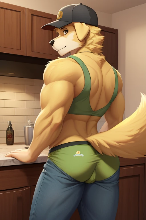Furry, anthropomorphic wolf, orange fur, red hair, mohawk hairstyle, red eyes, 6'7 and 233, 50" Chest, 21" Shoulders, 17" Biceps, 36" Waist, 25" thighs, 17" calves, 20" back, in bathroom, inside logcabin, walls painted pale chartreuse, incandescent lighting, dodger blue boxers