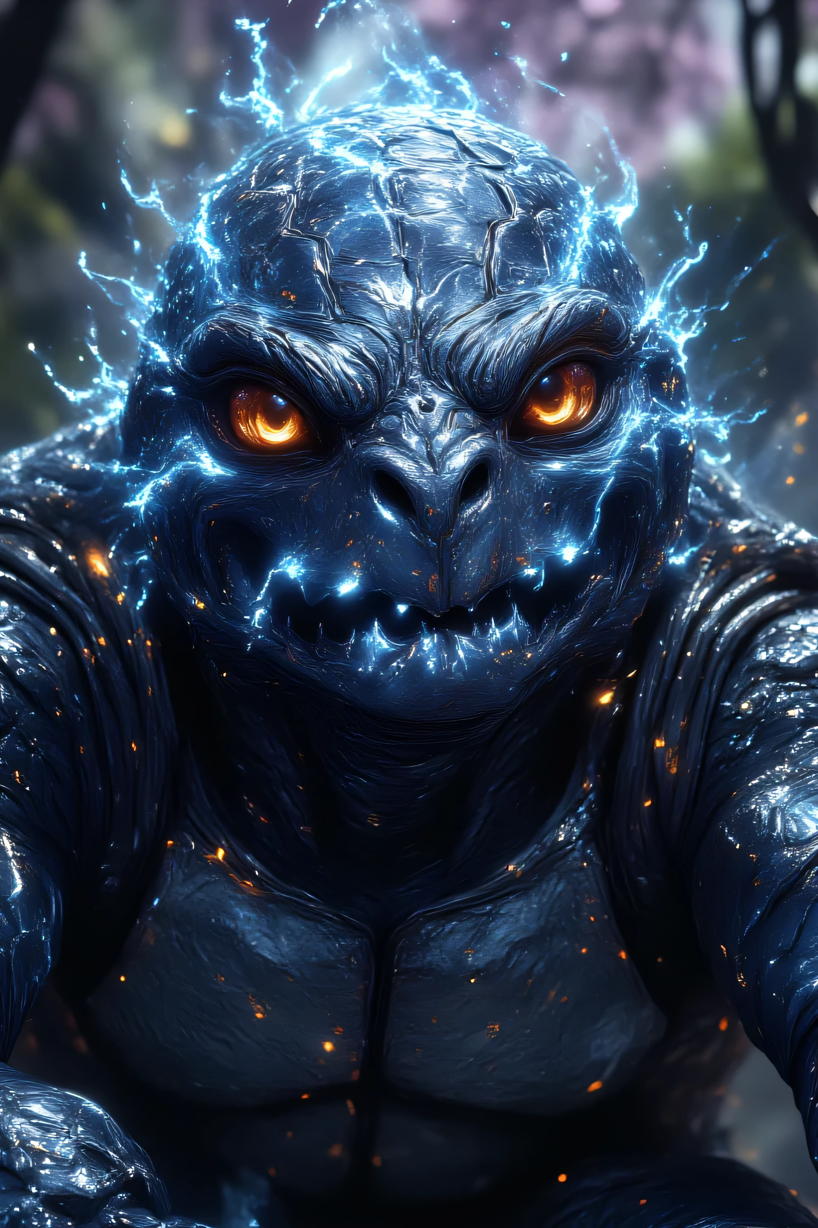 Create a hyper-realistic turtle from the character Imugi, by Brawlhalla, transforming its stylized design into a realistic and detailed version. Imugi should be portrayed as a majestic and powerful Macrochelys temminckii, with metallic and shiny scales that reflect realistic ambient light. Your scales must present detailed textures, with color variations between shades of silver, Blue and black, with subsurface scattering effects to simulate light penetrating lightly on the scales. The eyes must be luminous, with an intense glow and realistic iris and pupil details. grooves and organic textures. The background must be an epic environment, Like a Japanese spring with cherry blossoms. Use global lighting (global illumination) to highlight the volumes and depth of the scene, with soft shadows and precise reflections. The composition must be dynamic, with Imugi in a powerful pose, as if ready to attack, with subtle particle effects, rendering techniques like sparks or mystical energy surrounding your body. 8k resolution, focusing on ultra-realistic details , using photorealistic and PBR (Physically Based Rendering) for materials and lighting.