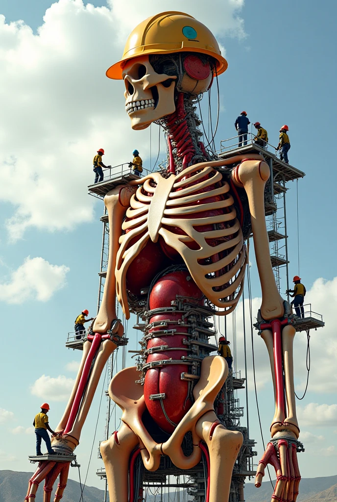 A construction crane seen from below from a low angle, with an absolutely giant human skull hanging on the crane arm
