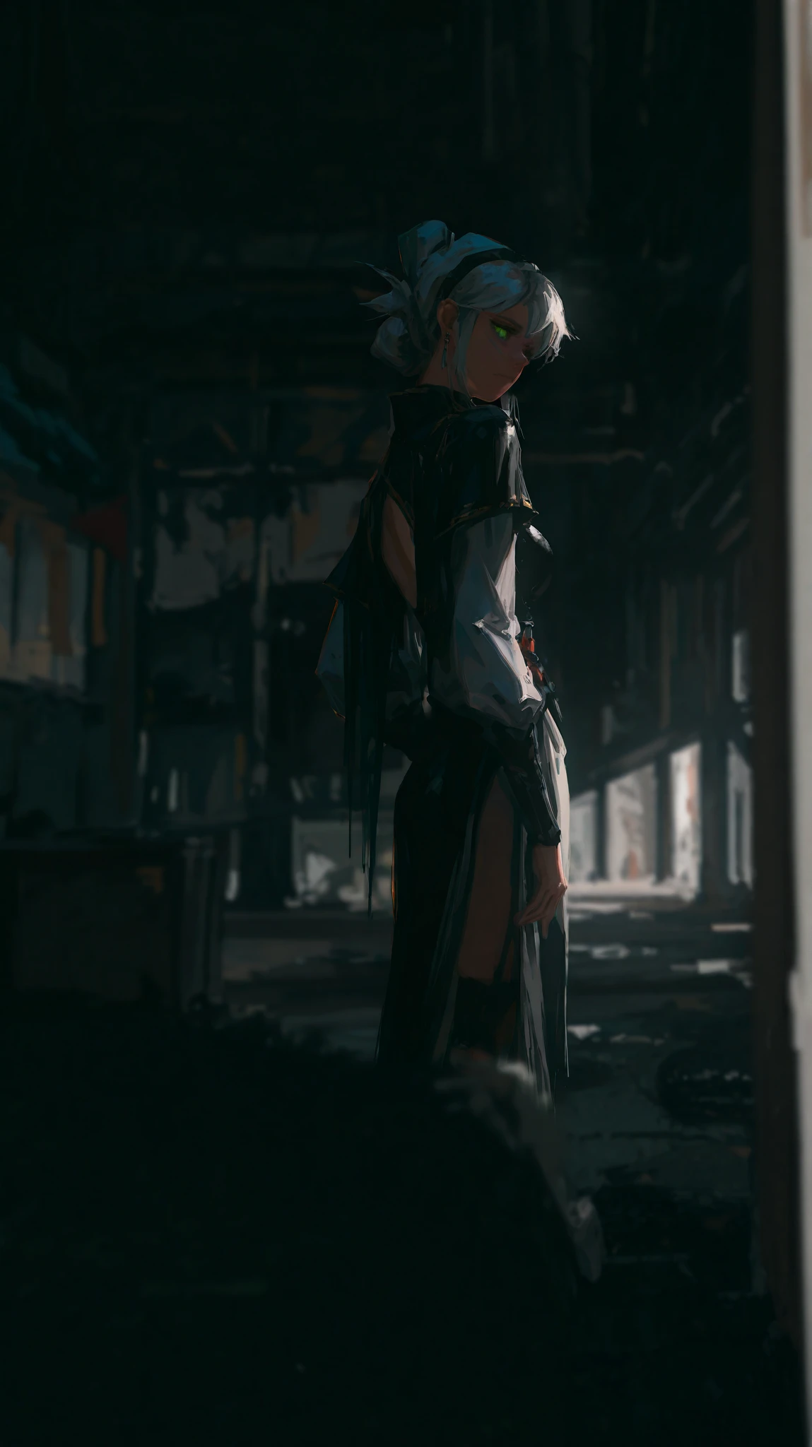 (96yottea:1.2), (kan liu \(666k\):1.1), flat color, white sclera, green eyes, newest, very awa, masterpiece, highres, absurdres, year 2024, year 2023,
Film Still, perspective cinematic shot (long shot:1.1), (depth of field:1.1), Create a woman with long white hair with no bangs with a black band of cloth in her face fully covering her eyes. Her skin should be white with very distinct facial features. The expression on her face should be straight. Her outfit must be a grunge style with a dark pallet of colors. The background is dark, melancholic and sad, an abandoned maison. The lightning is soft, highlighning her face just a little bit. The vibe of the photo must be melancholic and dark. Make it in anime cartoon style, smooth shading and clean lines, typical modern digital art, 8k resolution, ultra high quality.