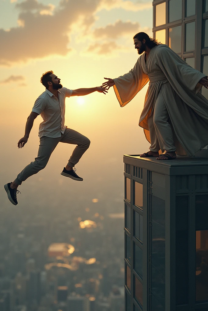 Man falling from heights and Jesus with a parachute trying to deliver it to the man, but man ignores Jesus