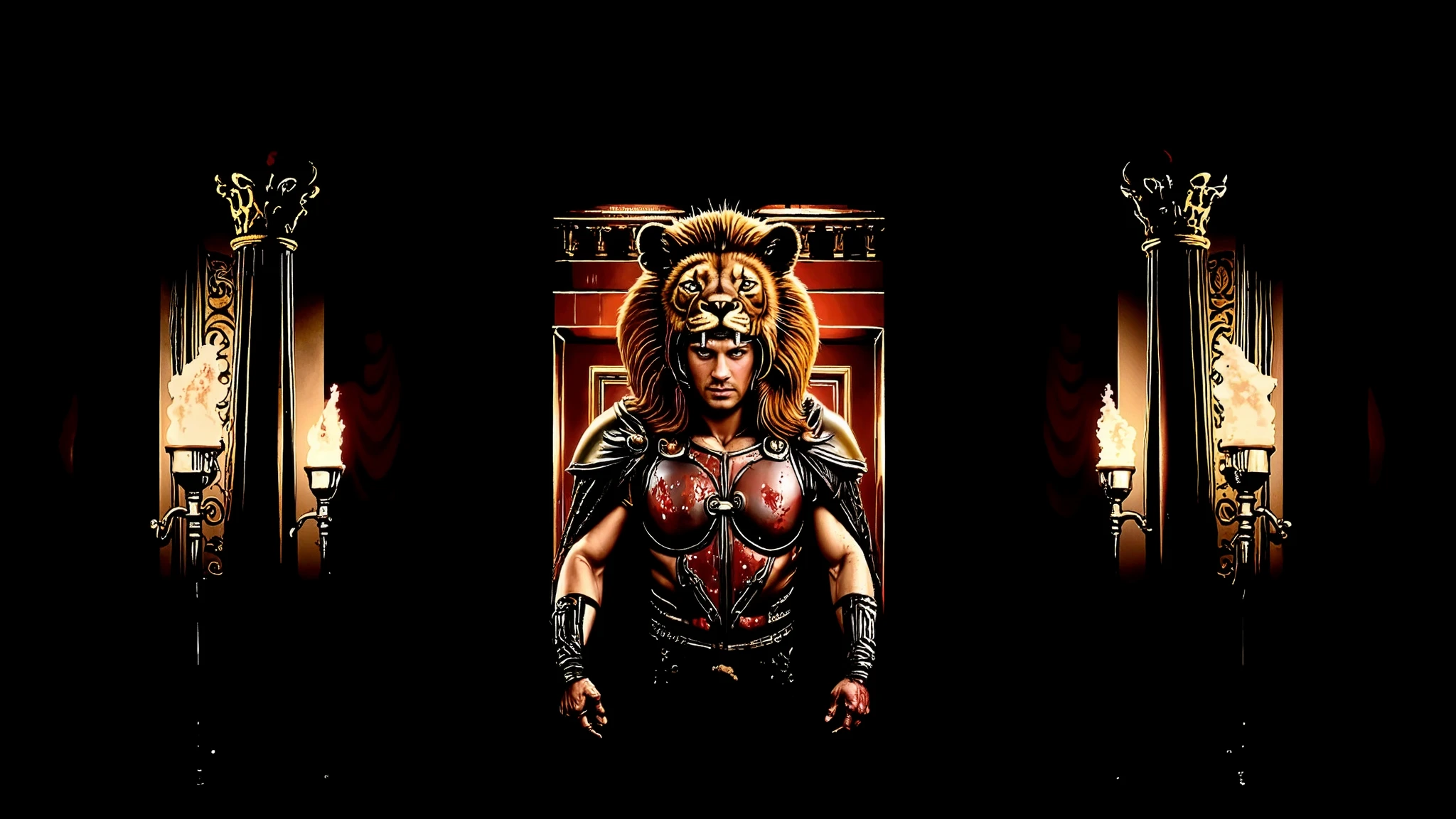 Greek columns, flaming torches, marble columns. Hercules wearing his lion armor. His helmet is the head of a lion. The scene is realistic with a wide frame. His armor is dirty with dust and blood, and his cape is dusty. blood, dust, greece, action, walking.