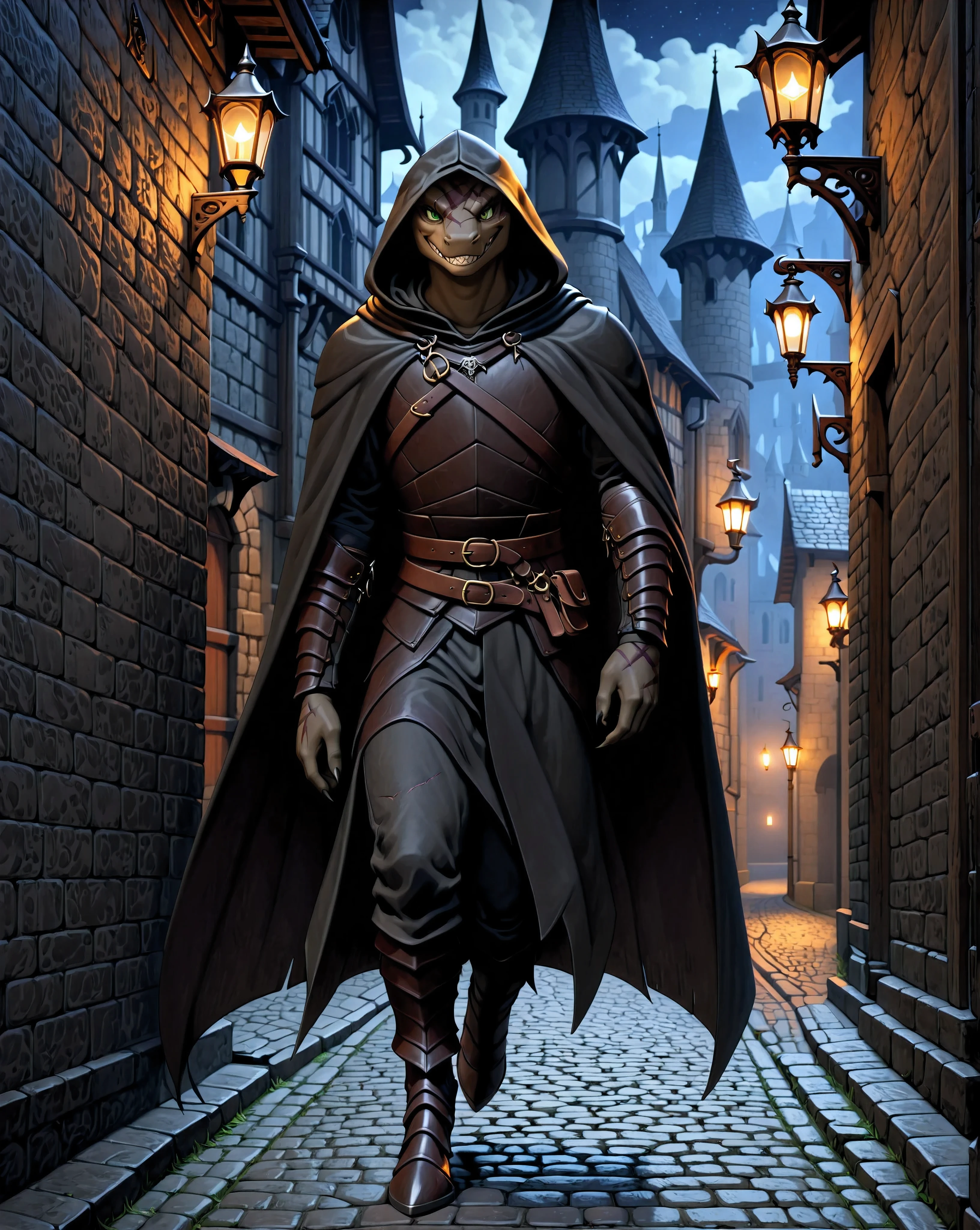 (Masterpiece, Absurdres, Hyper detailed, 4k, UHD), anatomically correct, studio-anime-style illustration. Medieval European fantasy, gothic architecture, night, back alley, lamp light. BREAK (Solo:1.3), 1 cunning adult male, thief, hornless lizard, (dark gray skin:1.1), (slim:0.65), green eyes, an old scar on the face, evil grin, leather armor, wearing lether armor, black pants, black hooded cloak, walking.