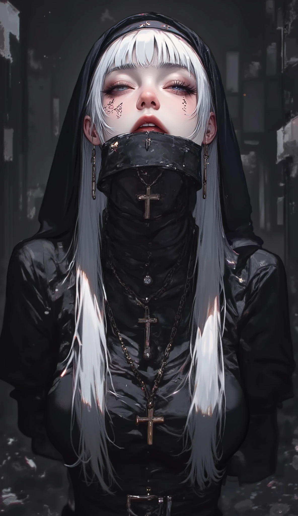 Create a woman with long white hair with no bangs with a black band of cloth in her face fully covering her eyes. Her skin should be white with very distinct facial features. The expression on her face should be straight. Her outfit must be a grunge style with a dark pallet of colors. The background is dark, melancholic and sad, an abandoned maison. The lightning is soft, highlighning her face just a little bit. The vibe of the photo must be melancholic and dark. Make it in anime cartoon style, smooth shading and clean lines, typical modern digital art, 8k resolution, ultra high quality.
