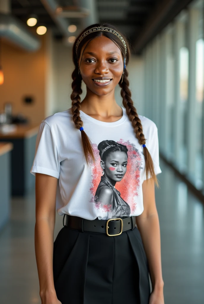 A black girl with an afro and wearing a white loose t-shirt with a hip hop print and tight sports shorts