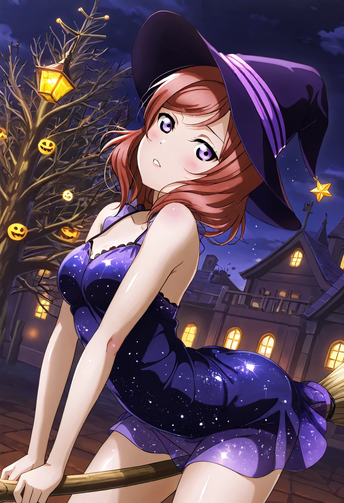 1girl, nishikino maki, purple eyes, love live , night , detailed body,witch hat, shiny skin, white sleeveless dress, body shape visible through dress, riding broom, Halloween tree,arched back, parted lips,dark