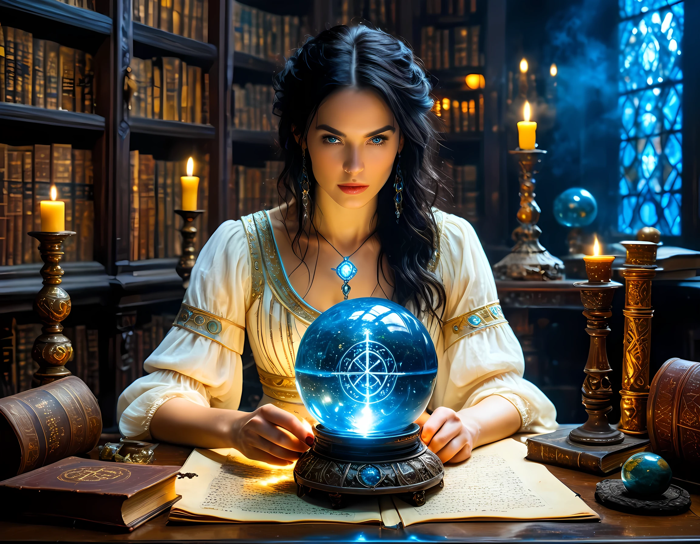 a picture of a human woman sorceress sittings in her magical lab, divining distant places in her crystal ball, epic beautiful human woman (best details, Masterpiece, best quality), ultra detailed face (best details, Masterpiece, best quality), black hair, short hair, blue eyes, pale skin, white dress, intricate leather dress, (best details, Masterpiece, best quality), magical library, with many books, and magical runes and wards, glowing arcane sigils GlowingRunes_paleblue, crystal ball (best details, Masterpiece, best quality) on table, runes on crystal balls GlowingRunes_yellow, fantasy magical library background fantasy art, RPG art, (best details, Masterpiece, best quality), Ultra-Wide Angle, high detail, award winning, best quality, HD, 16K, high details, best quality, highres, ultra wide angle, high details, best quality, Cinematic Shot
