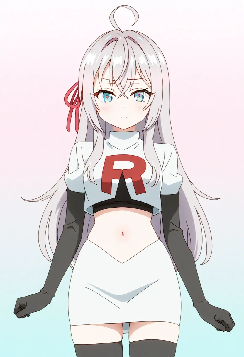 1girl, breasts, cowboy shot, floating hair, glasses, hair ribbon, large breasts, shiny, shiny hair, solo, white ribbon, team rocket,team rocket uniform,white skirt,red letter R,crop top,black thigh-highs,black elbow gloves