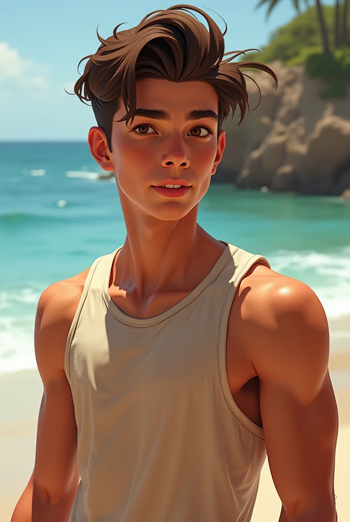A very detailed photograph of a 15 year old white boy.., Ojos azules, peinado rubio moderno degradado lateral, rostro limpio y sin imperfecciones, Looking in front of the camera, cuerpo definido, cuerpo definido shirtless, elegante, attraction, con mirada traviesa, serious expression, en un hermoso lugar de grandes dunas, beautiful lighting. Hyper realistic, hiperdetallado, 4k, playa paradisiaca,