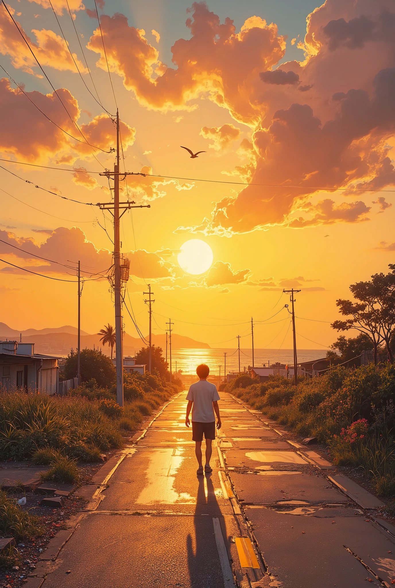 A young boy walking on the road, the road continues into the sunset,Emphasize perspective ,the part close to the sunset、the farther part spreads, the sunset is reflected on the ground or water surface(Path of Light)Make,waves that clearly understand the ocean, swaying grass and flying birds,the sky is expressed in gradation、uses yellow, orange, pink, and purple,Put shadows in the clouds、I can feel it Angle it like this {x} highlight the part where the light shines in yellow, the car is arranged in a position based on the golden ratio、movement,fantastic and hallucinatory art,Highly Detailed Amazing Art,