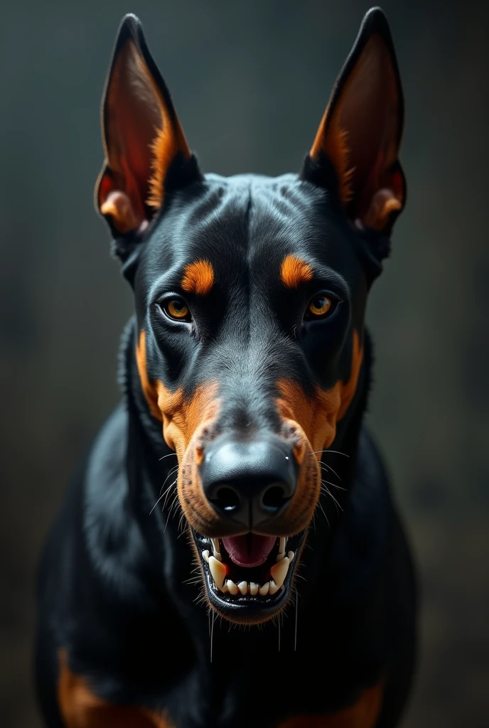 angry doberman dog attacking, upright full body, ultra realistic, ultra detailed professional photography, dark style, dark,