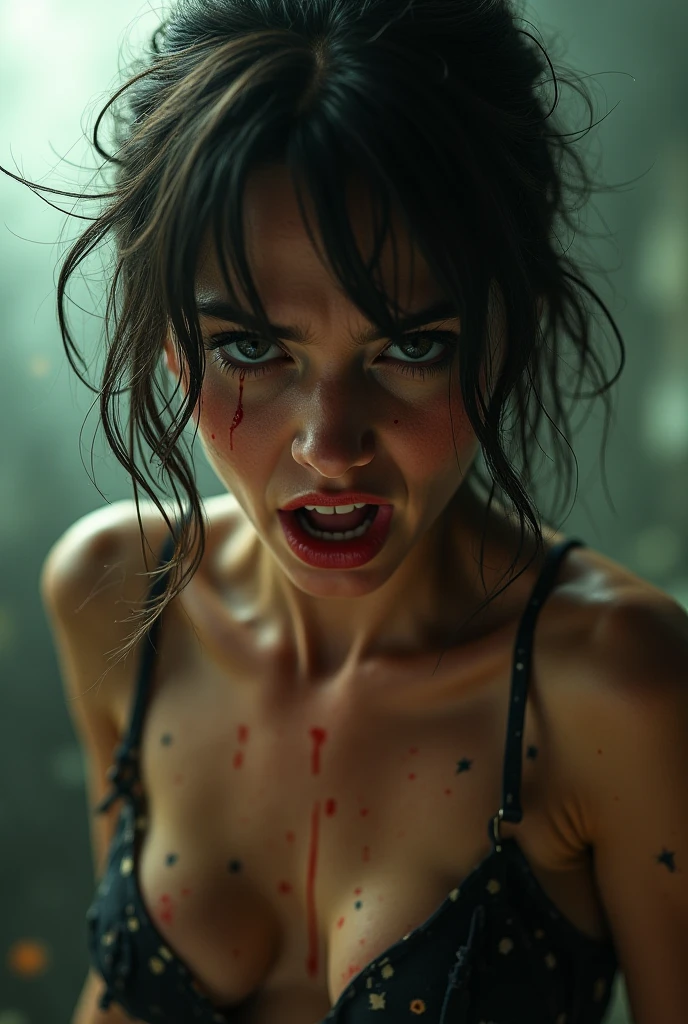 On a bed, She is sucking on a man's penis, she is biting into a man's penis with her sharp fangs, she is also a cannibalistic sexual demon, she has a perfect face with full libs and razor-sharp fangs, They are in a old creepy house in the bedroom and she is on top of the man, realistic blood on the man'loody, and violent, Her Full body is shown on a bed with a man as she is on top of him biting into his with her sharp fangs, realistic blood, perfect eyes, Perfect anatomy, realistic, gore, realistic skin and flesh, she is a vampire who feeds on innocent men, she is a virgin killer, she is biting deep and hard into his with her sharp vampire fangs, blood is dripping from his , she is trying to bite his off so that she can eat it, she has very sharp vampire fangs, she has a perfect athletic body, she is skinny with small perky boobs, she has abs and defined muscles, her skinny body is perfectly proportioned, she has a crazy look in her eyes, she is a sexy sadistic addict , a sexy tight dress with Long black stockings, she also is wearing black high heels with red bottoms, there is blood everywhere as she is biting into his with her sharp fangs. She has a perfect face, perfect eyes, and perfect bone structure, she has a skinny body with defined abs and muscle