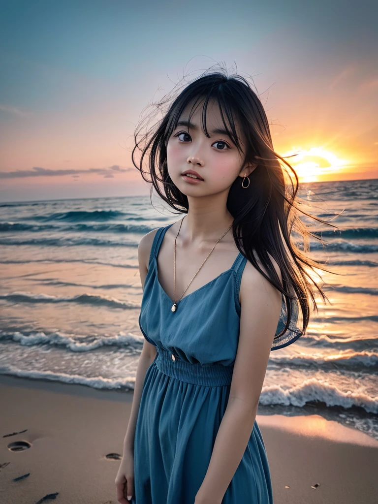 8K、13-year-old beautiful girl、(detailed beautiful faces)、Detailed eye depiction、Camisole Dresses、Entering the sea up to the chest、strong breeze、the setting sun