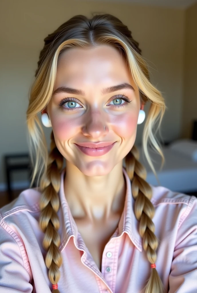 (shot from a Dutch angle, headshot:1.2) photo of <lora:JadeLloyd_v1:1> JadeLloyd with a huge grin and platinum blonde hair, she is wearing chanchanko, she is wearing pentacle, her hair is styled as braided updo hair, BREAK she is (in the garage:1.1), dramatic rim lighting, shot on ALEXA 65, Agfa Vista ,hologram effect, in the style of Anne Brigman