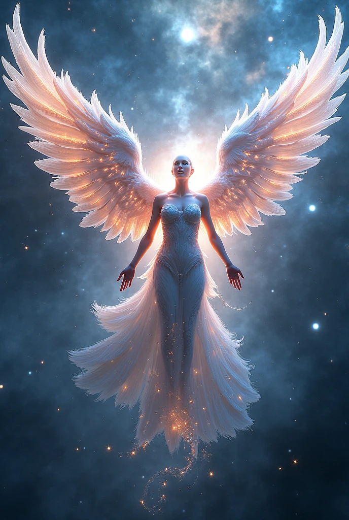 fish-eye lens, cosmic background, Countless twinkling galaxies and stars, Convoluted, Ultra-realistic full-length shot of an angel praying for viewers in the center of a circle, The microcosm revolves around angels, face to the viewer, Offer mercy, Comfort and love, stunningly beautiful face, The majestic twin wings of an angel growing from the back of an angel, Ultra-realistic and ultra-detailed real wings, Beautiful snow-white robes and translucent darkness, Long Blonde Hair, Hair and stars mix, Fantastic and sacred (1:1), ultra-detailliert, A hyper-realistic, Countless small lights twinkle、Blend into the darkness, ultra intricate, New splash art never seen before in space, Captivate your audience、Give your audience direction to move forward, What's next?. It is a masterpiece that will continue to win many awards in the future.......