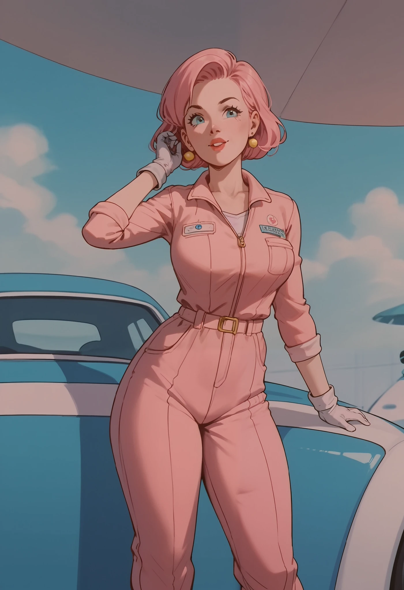 Peach leaning against a blue Porch 911 gt3, pink pilot jumpsuit, Sensual, Mature Woman, Hot girlfriend style