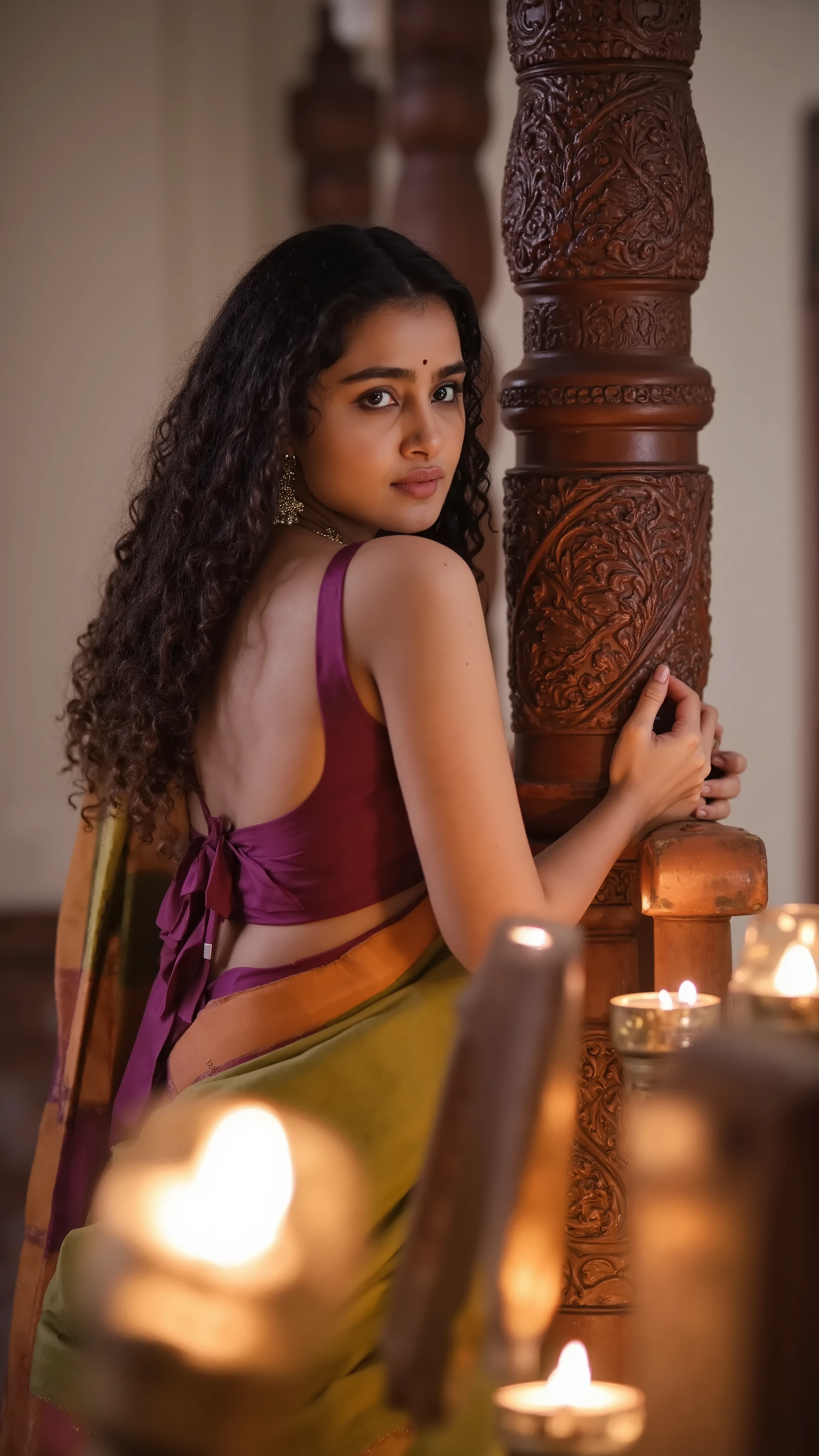 A woman leans against a wooden pillar, her hands resting on the intricate carvings. She wears a deep wine-colored blouse, loosely fitted with thin straps, and a silk saree wrapped tightly around her waist. The golden glow of oil lamps flickers around her, casting shadows on her bare skin.