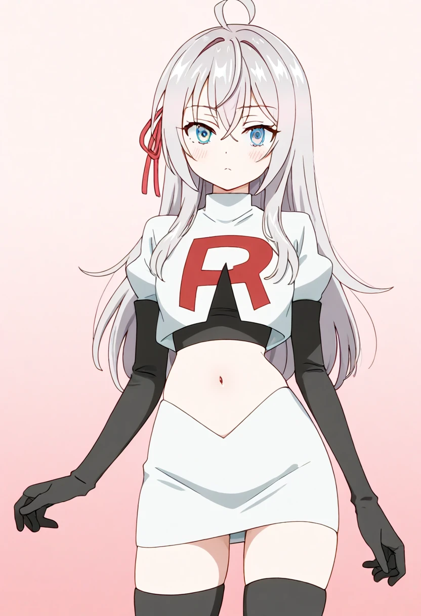 masterpiece, best quality,modeus with heart shapes and heart shaped pupils,red eyes, white hair,team rocket,team rocket uniform,white skirt,red letter R,crop top,black thigh-highs,black elbow gloves, comic strip
