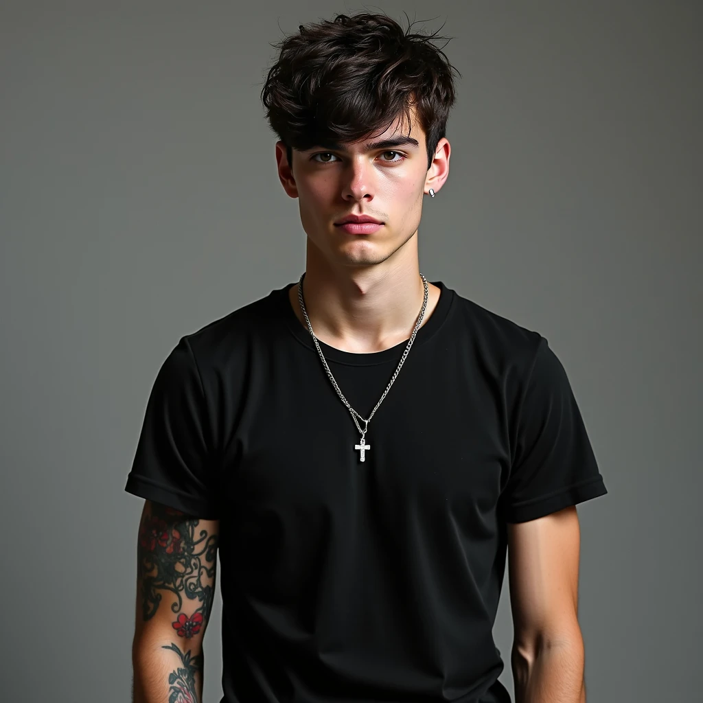 A tall, slender young man, , of Russian type with curly, shoulder-length, light brown hair. black shirt. rings on fingers. on the chest there is a metal pendant - half a heart. The eyes are gray-blue