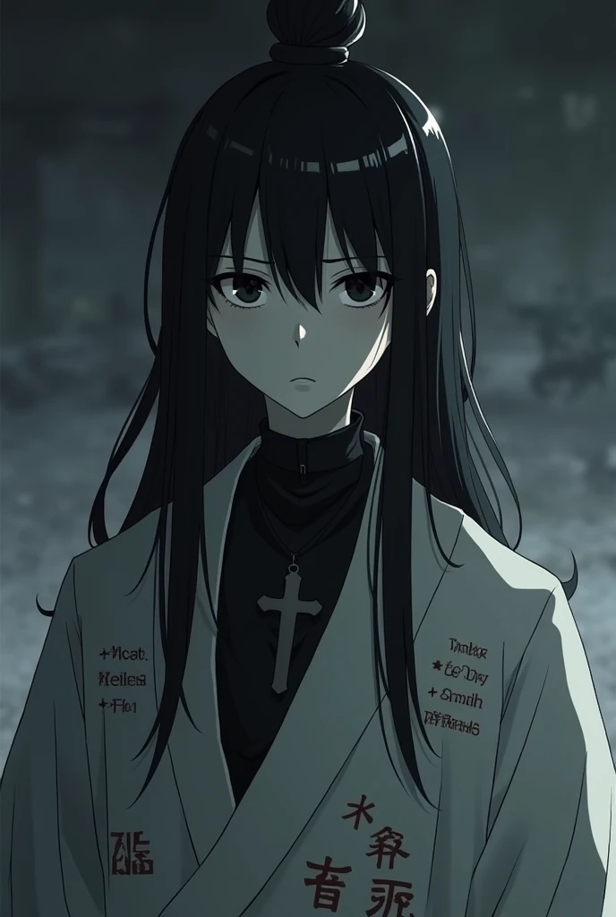 masterpiece,best quality,depth of field,8K,looking at the viewer,dark gray hair,blue eyes,man,hands in pockets,expressionless,alone,(charismatic eyes 1:1),wseifuku,white coat,bloody,dark,grayish,blood on the floor around,