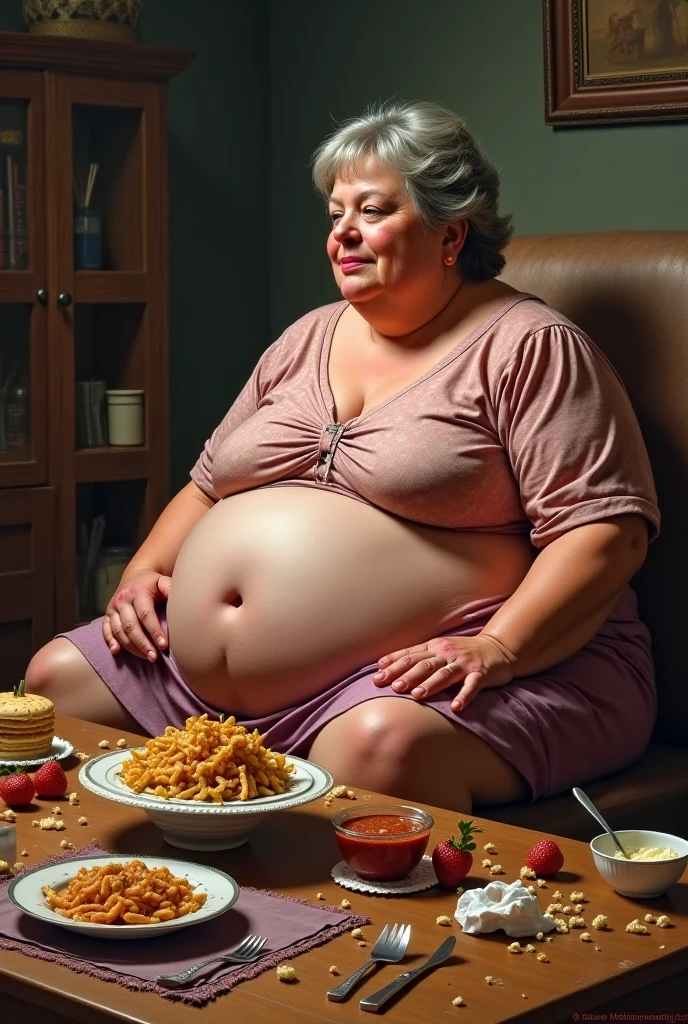 An elderly woman aged 65, with an easy, suffering expression and strong features, with a big nose, thick eyebrow, with an obese body weighing 65 kilos, 167 centimeters tall, thick legs and very large, saggy breasts, with a vagina with short, gray hair, with long black hair. she is naked, wearing prescription glasses and wearing flip flops. She is seen full-length from a side angle with her hands resting on a table., sticking your buttocks out and looking slightly upwards. In a humble kitchen with little light at night