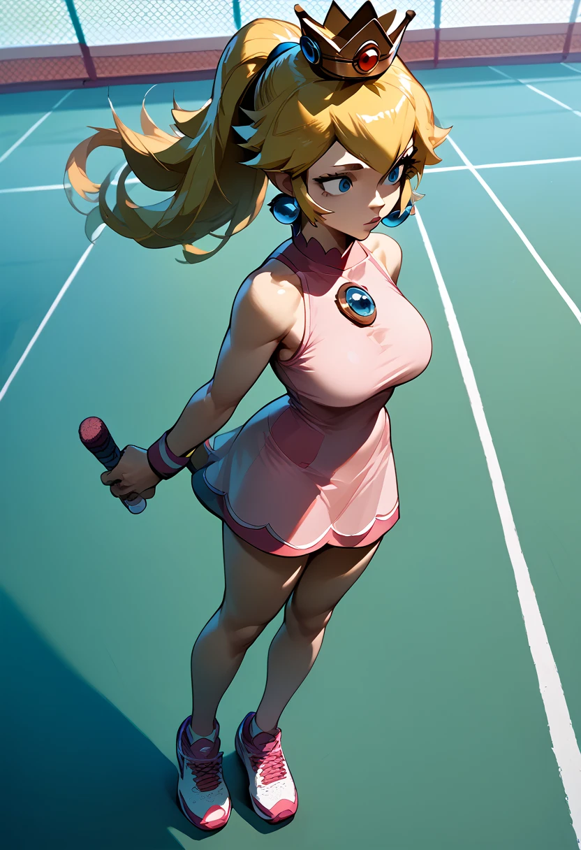 tennis girl in tight mini virgin killer sweater, panty, wearing oven mittens behind head, blindfold