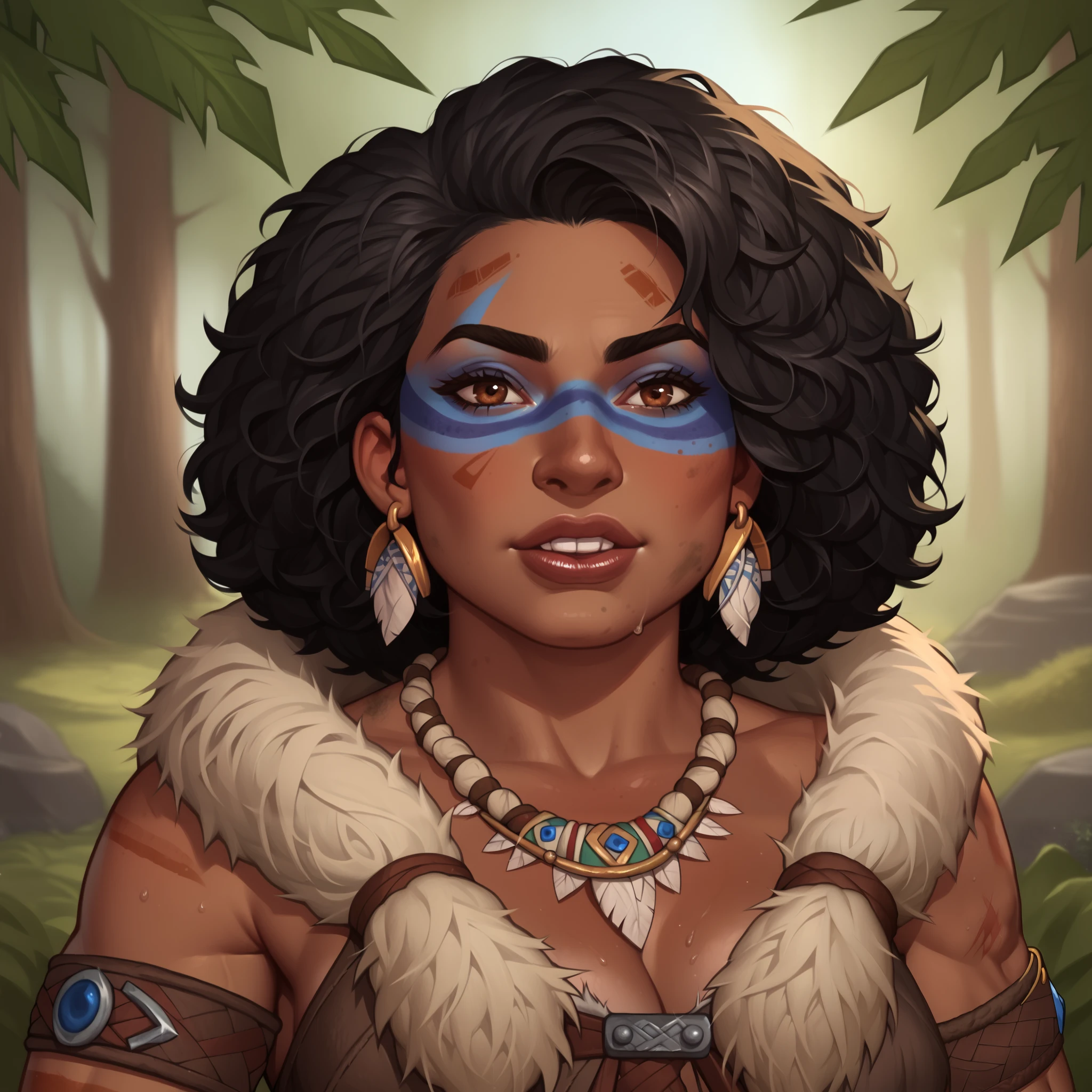 (((beautiful, high quality, comics style, detailed face))), score_9, score_8_up, score_7_up, masterpiece, best quality, unrealistically high details, extremely high quality, ultra-high detail, good anatomy, rating_explicit, perfect anatomy, anatomically correct hands:1.5, Detailed, blurred background, DeepNegative_xl_v1, detailxl, zPDXL3, Score_PnyReal BREAK (Dwarf, short stature, big nose), (dark skin, brown skin:1.4), black hair, afro hair, jacked, druid, tribal clothes, (blue face paint:1.2), chest band, necklace of teeth, brown fur cape, dirty, dusty, 1girl, mature, female focus, solo, portrait, upper body, portrait, forest background, fantasy.
