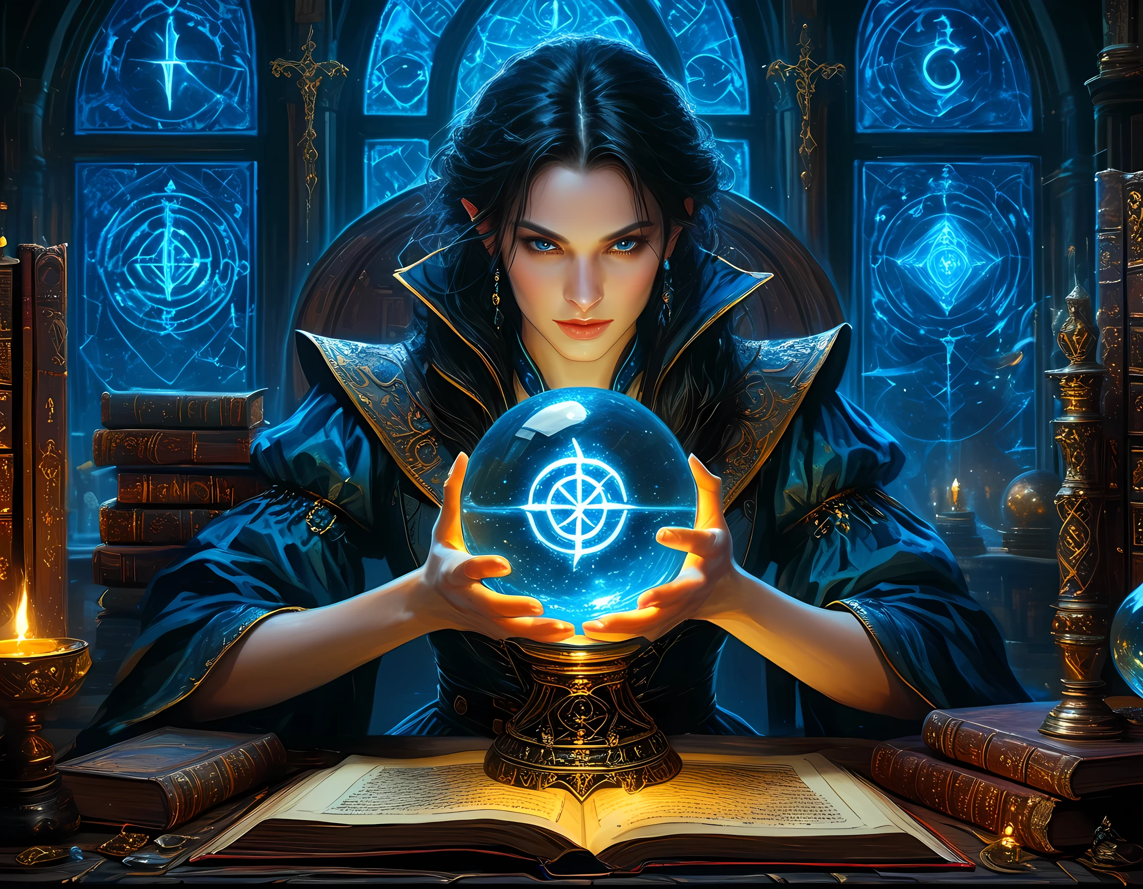  a picture of a human woman sorceress sittings in her magical lab, divining distant places in her crystal ball, epic beautiful human woman (best details, Masterpiece, best quality), ultra detailed face (best details, Masterpiece, best quality), black hair, short hair, blue eyes, pale skin, intricate leather dress, (best details, Masterpiece, best quality), magical library, with many books, and magical runes and wards, glowing arcane sigils GlowingRunes_paleblue, crystal ball (best details, Masterpiece, best quality) on table, runes on crystal balls GlowingRunes_yellow, fantasy magical library background   fantasy art, RPG art, (best details, Masterpiece, best quality), Ultra-Wide Angle, high detail, award winning, best quality, HD, 16K,  high details, best quality, highres, ultra wide angle, high details, best quality, Cinematic Shot
