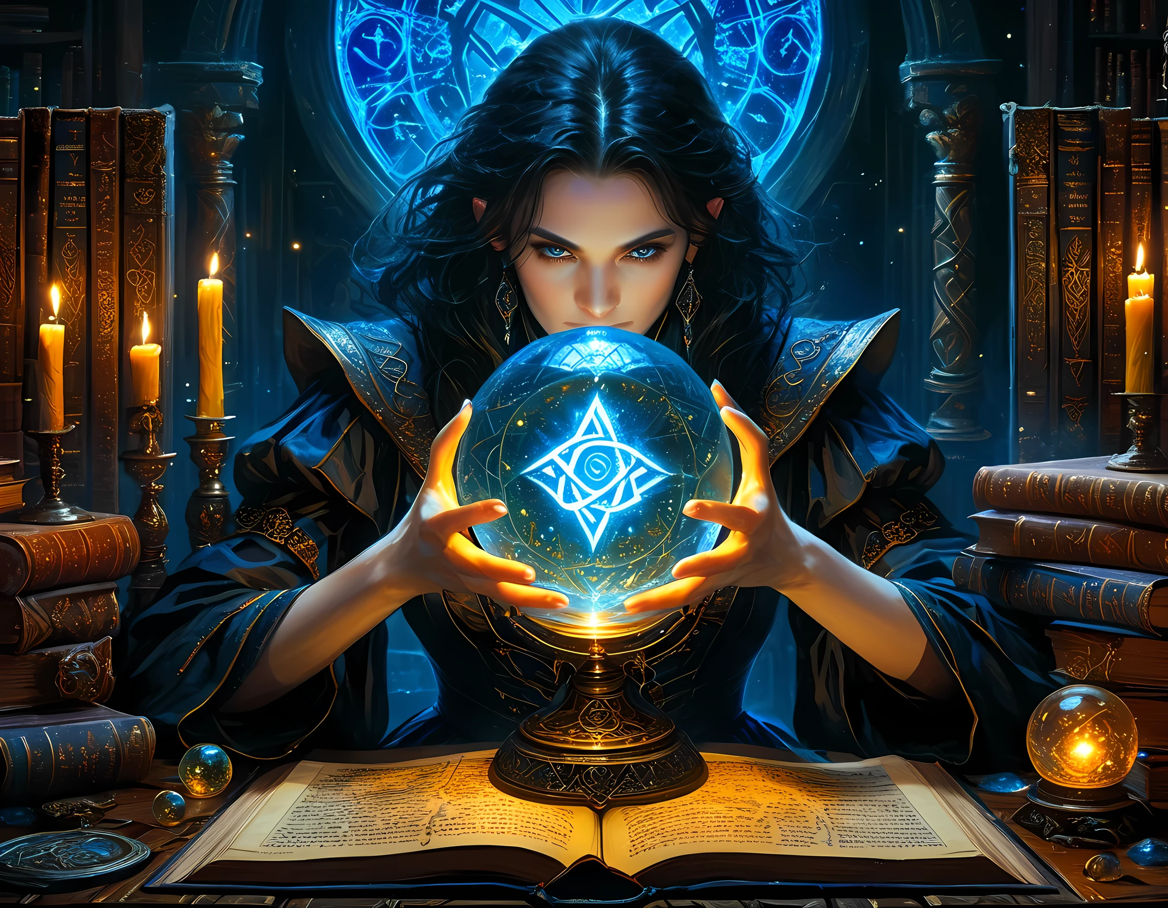  a picture of a human woman sorceress sittings in her magical lab, divining distant places in her crystal ball, epic beautiful human woman (best details, Masterpiece, best quality), ultra detailed face (best details, Masterpiece, best quality), black hair, short hair, blue eyes, pale skin, intricate leather dress, (best details, Masterpiece, best quality), magical library, with many books, and magical runes and wards, glowing arcane sigils GlowingRunes_paleblue, crystal ball (best details, Masterpiece, best quality) on table, runes on crystal balls GlowingRunes_yellow, fantasy magical library background   fantasy art, RPG art, (best details, Masterpiece, best quality), Ultra-Wide Angle, high detail, award winning, best quality, HD, 16K,  high details, best quality, highres, ultra wide angle, high details, best quality, Cinematic Shot