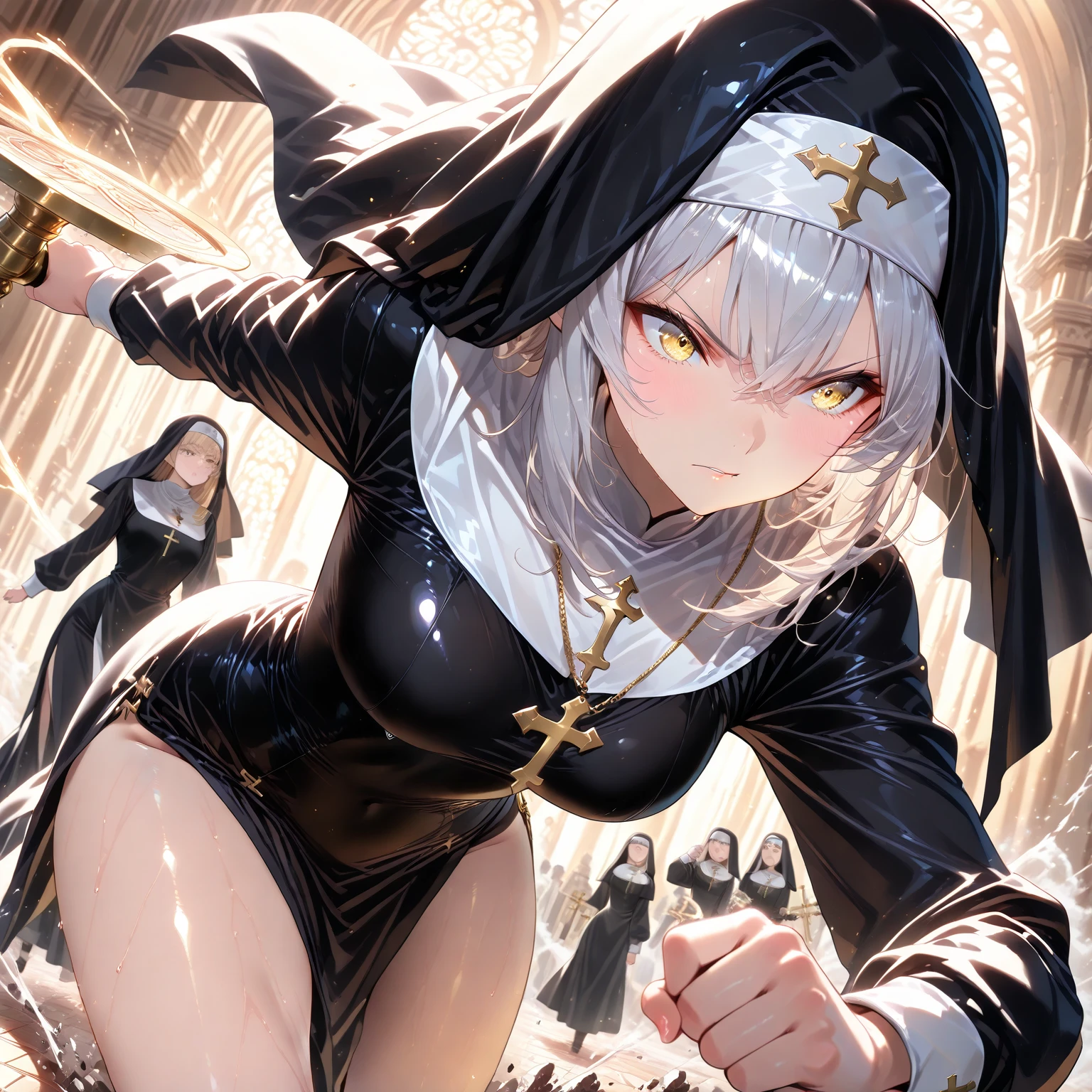  The Nun, black Nun clothes, huge waists, solo, (yellow skin tone:1.2), 