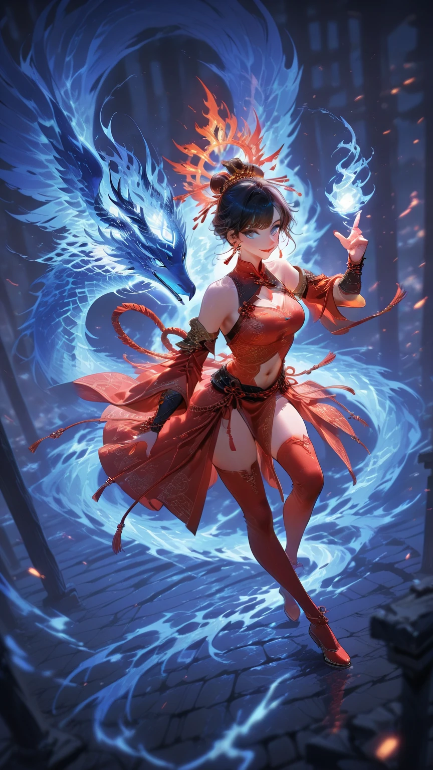 1 solo, Warrior girl, she has Phoenix, breasts, black_hair, blue_eyes, red_lips, navel, chinese_clothes, earrings,chinese warrior, jewelry, hair_bun, smile, looking_at_viewer, queens of destruction, fantasy dark world, fire from Phoenix, fit and sensual body, she is a Phoenix tamer, complete body, whole body, she is fire master too, crown of queen of Phoenix,