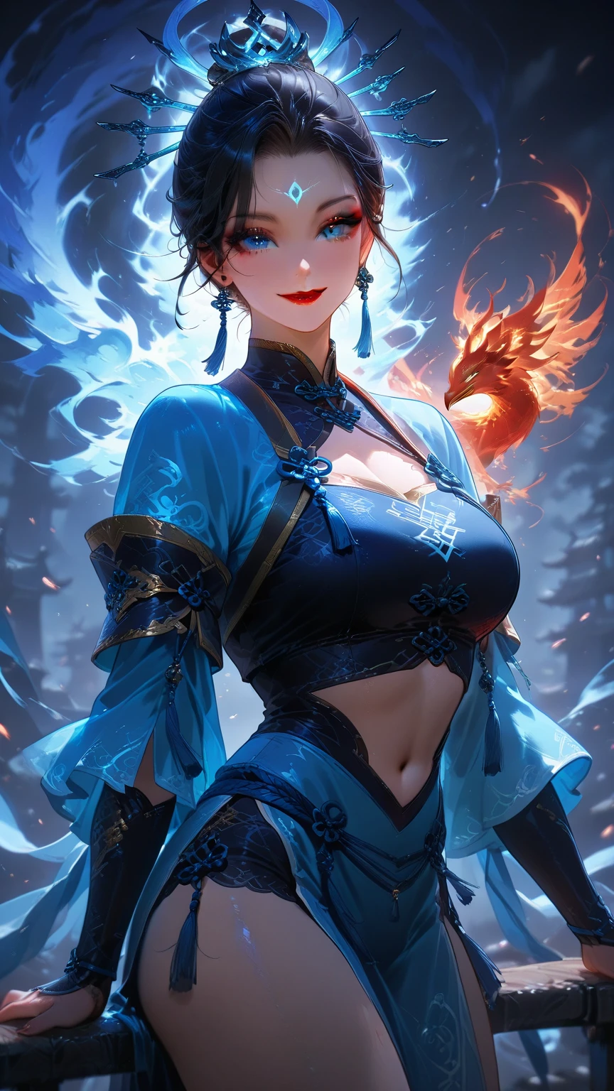 1 solo, Warrior girl, she has Phoenix, breasts, black_hair, blue_eyes, red_lips, navel, chinese_clothes, earrings,chinese warrior, jewelry, hair_bun, smile, looking_at_viewer, queens of destruction, fantasy dark world, fire from Phoenix, fit and sensual body, she is a Phoenix tamer, complete body, whole body, she is fire master too, crown of queen of Phoenix,