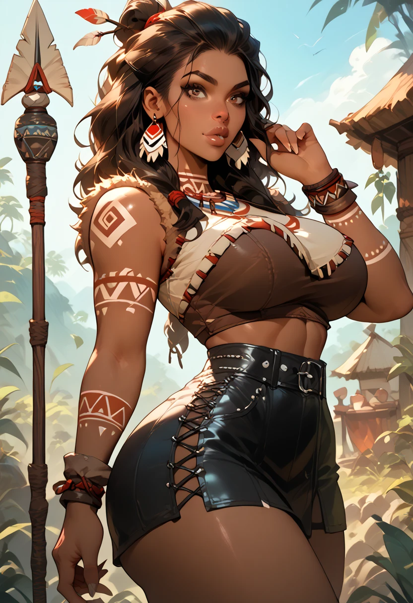Tribal women, Detailed face, Muscular body, big breasts, Tribal costume, With a spear, high quality, masterpiece