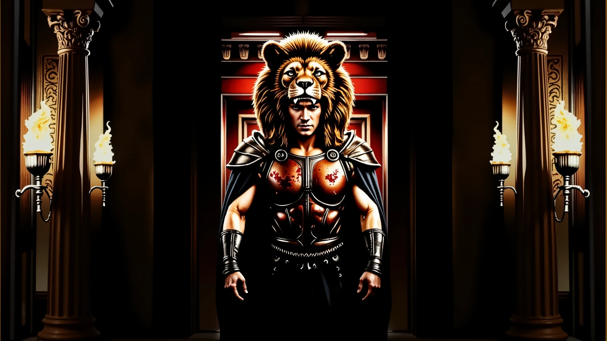 Greek columns, flaming torches, marble columns. Hercules wearing his lion armor. His helmet is the head of a lion. The scene is realistic with a wide frame. His armor is dirty with dust and blood, and his cape is dusty. blood, dust, greece, action, walking.