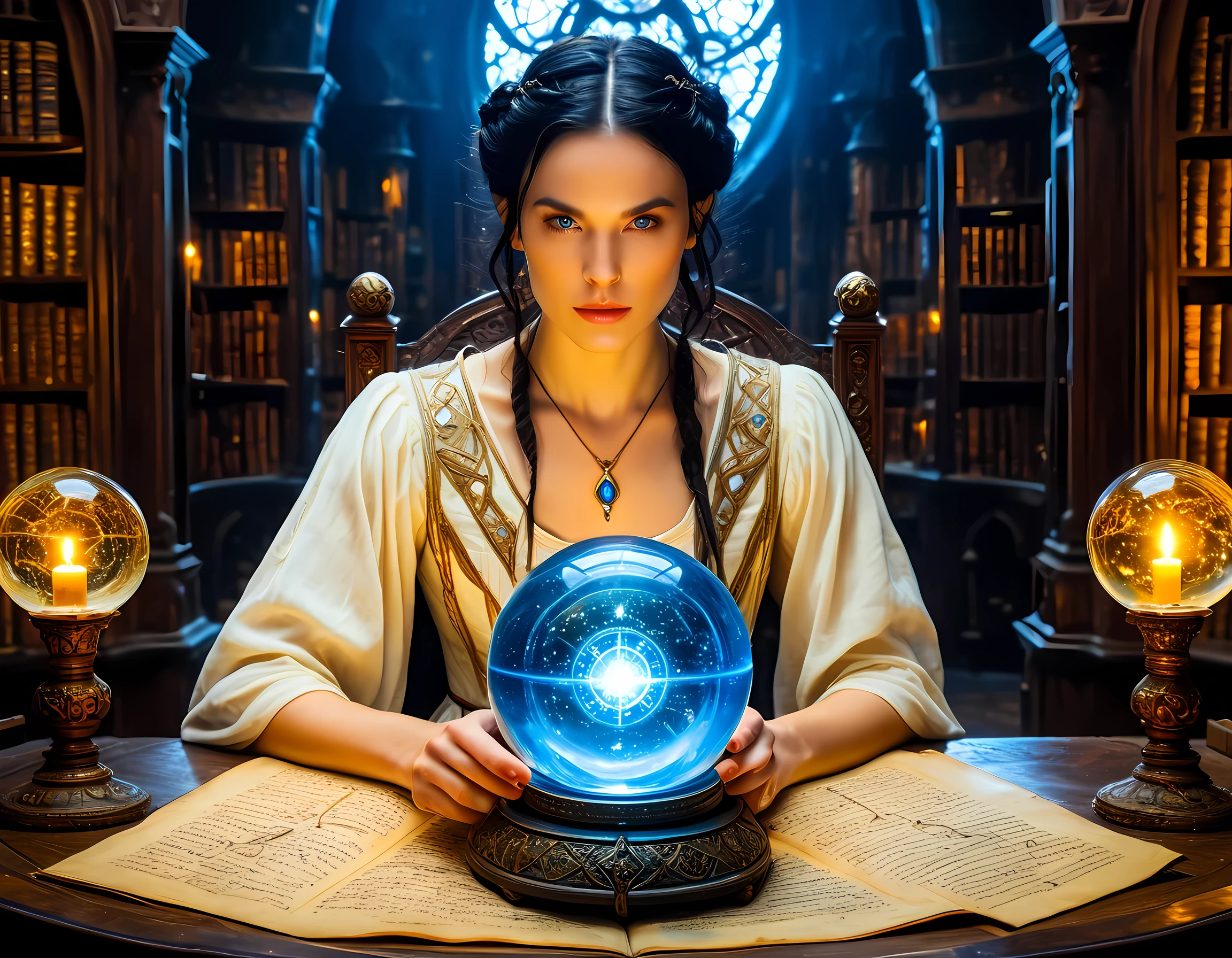 a picture of a human woman sorceress sittings in her magical lab, divining distant places in her crystal ball, epic beautiful human woman (best details, Masterpiece, best quality), ultra detailed face (best details, Masterpiece, best quality), black hair, short hair, blue eyes, pale skin, white dress, intricate leather dress, (best details, Masterpiece, best quality), magical library, with many books, and magical runes and wards, glowing arcane sigils GlowingRunes_paleyellow, crystal ball (best details, Masterpiece, best quality) on table, runes on crystal balls GlowingRunes_yellow, fantasy magical library background fantasy art, RPG art, (best details, Masterpiece, best quality), Ultra-Wide Angle, high detail, award winning, best quality, HD, 16K, high details, best quality, highres, ultra wide angle, high details, best quality, Cinematic Shot, fantasy