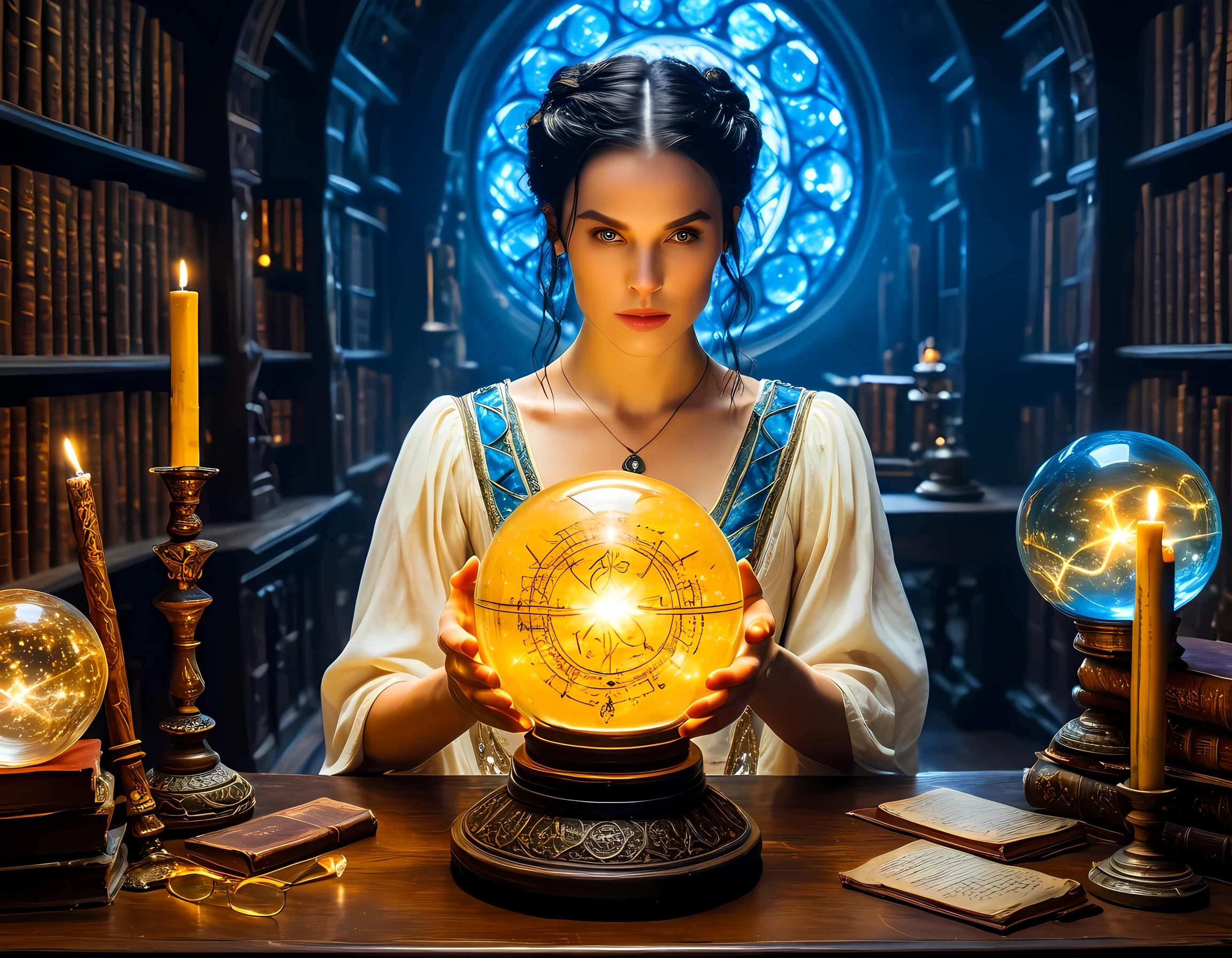  a picture of a human woman sorceress sittings in her magical lab, divining distant places in her crystal ball, epic beautiful human woman (best details, Masterpiece, best quality), ultra detailed face (best details, Masterpiece, best quality), black hair, short hair, blue eyes, pale skin, white dress, intricate leather dress, (best details, Masterpiece, best quality), magical library, with many books, and magical runes and wards, glowing arcane sigils GlowingRunes_paleyellow, crystal ball (best details, Masterpiece, best quality) on table, runes on crystal balls GlowingRunes_yellow, fantasy magical library background   fantasy art, RPG art, (best details, Masterpiece, best quality), Ultra-Wide Angle, high detail, award winning, best quality, HD, 16K,  high details, best quality, highres, ultra wide angle, high details, best quality, Cinematic Shot, fantasy