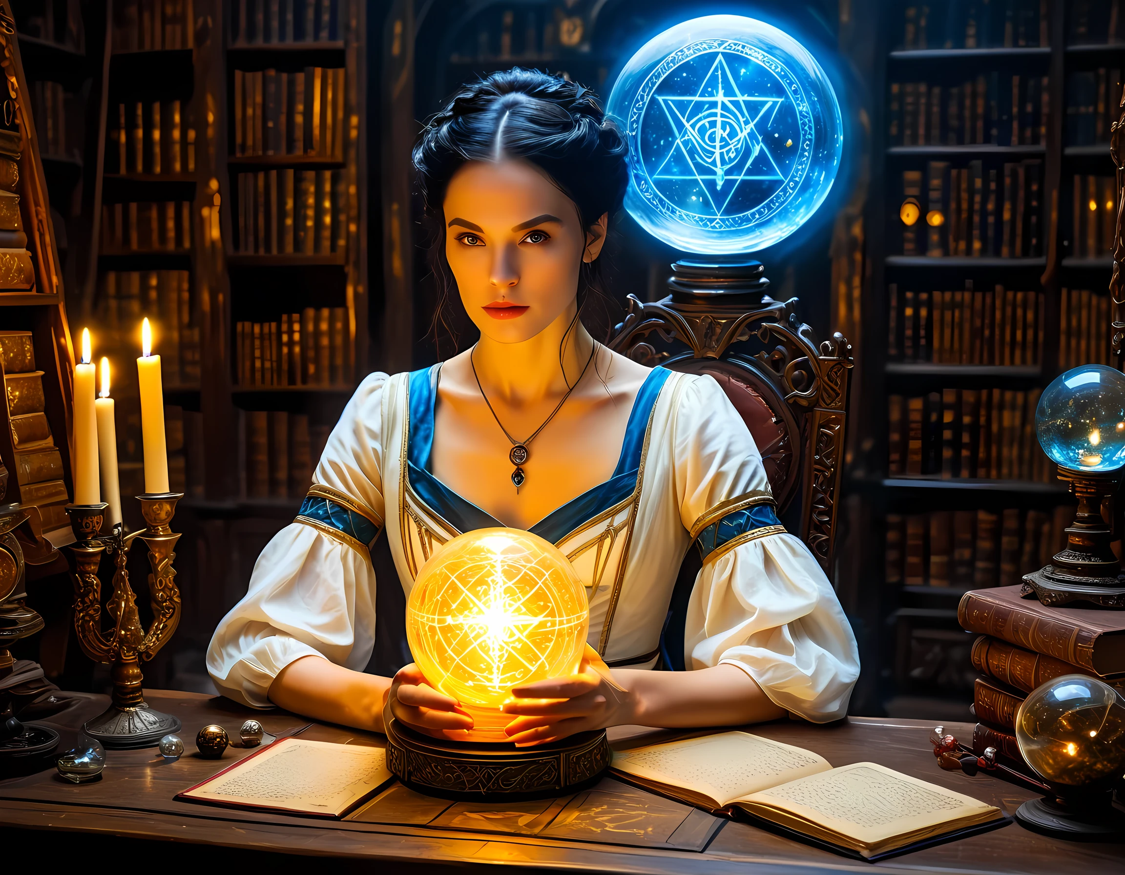  a picture of a human woman sorceress sittings in her magical lab, divining distant places in her crystal ball, epic beautiful human woman (best details, Masterpiece, best quality), ultra detailed face (best details, Masterpiece, best quality), black hair, short hair, blue eyes, pale skin, white dress, intricate leather dress, (best details, Masterpiece, best quality), magical library, with many books, and magical runes and wards, glowing arcane sigils GlowingRunes_paleyellow, crystal ball (best details, Masterpiece, best quality) on table, runes on crystal balls GlowingRunes_yellow, fantasy magical library background   fantasy art, RPG art, (best details, Masterpiece, best quality), Ultra-Wide Angle, high detail, award winning, best quality, HD, 16K,  high details, best quality, highres, ultra wide angle, high details, best quality, Cinematic Shot, fantasy