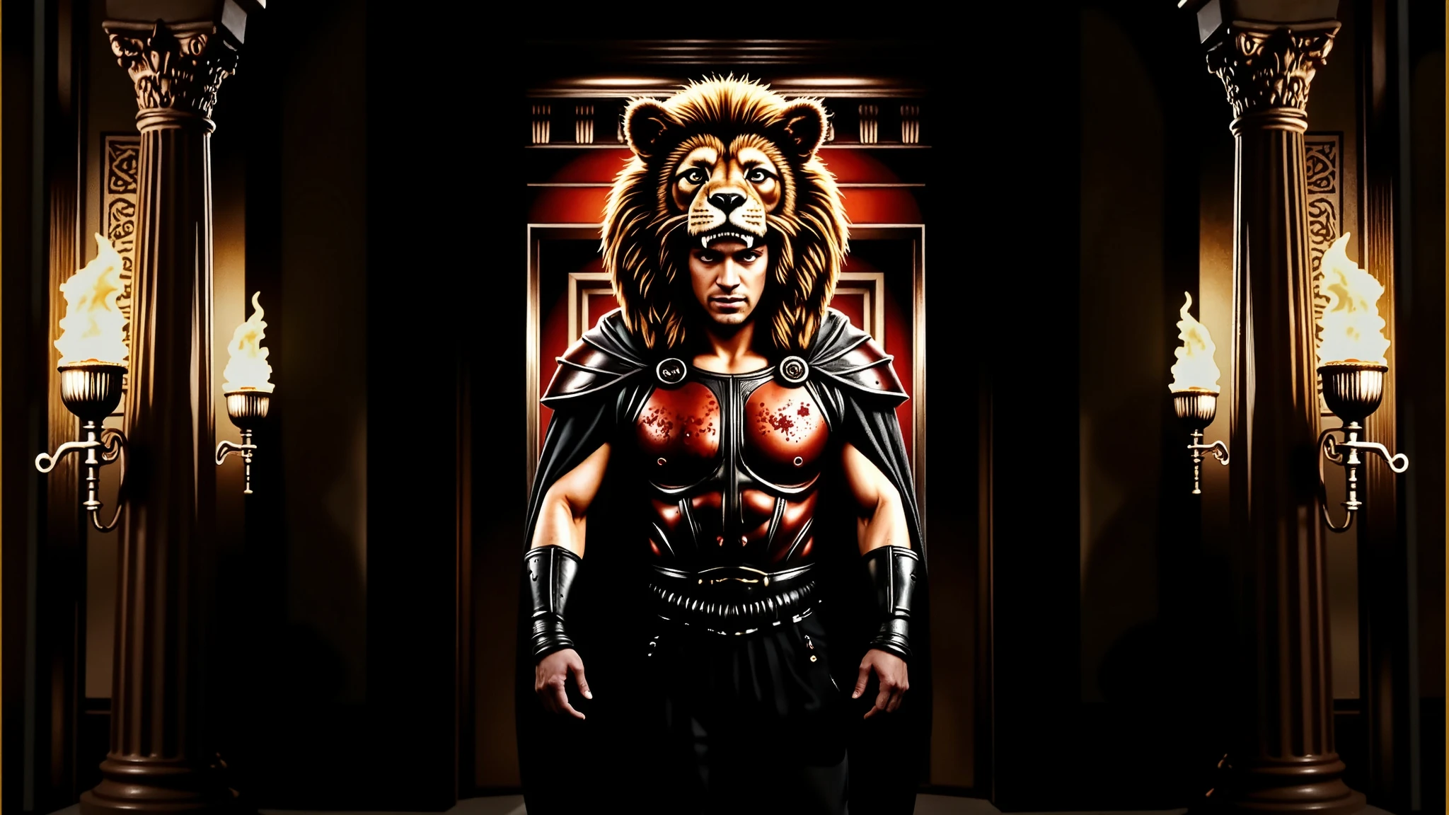 Greek columns, flaming torches, marble columns. Hercules wearing his lion armor. His helmet is the head of a lion. The scene is realistic with a wide frame. His armor is dirty with dust and blood, and his cape is dusty. blood, dust, greece, action, walking.