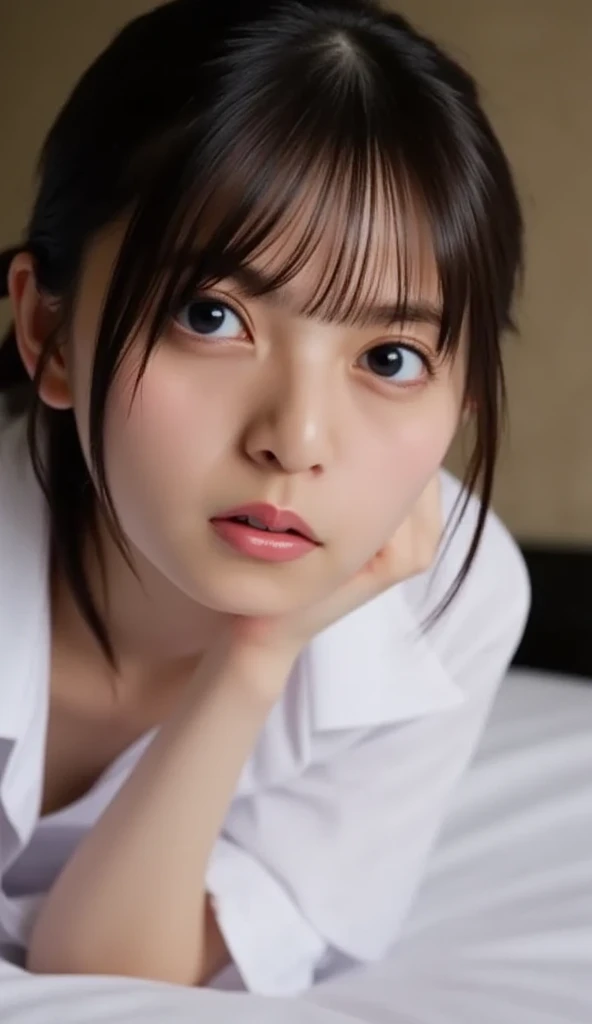 ((highest quality, masterpiece :1.3)), Photorealistic、Ultra-high resolution、Natural skin texture、Hyperrealism、Photograph from the knee up、16 year old Japanese beautiful girl、Twin tail hair、Large breasts、White collared shirt and tie、Tight spats、Frightened expression、Lying in bed