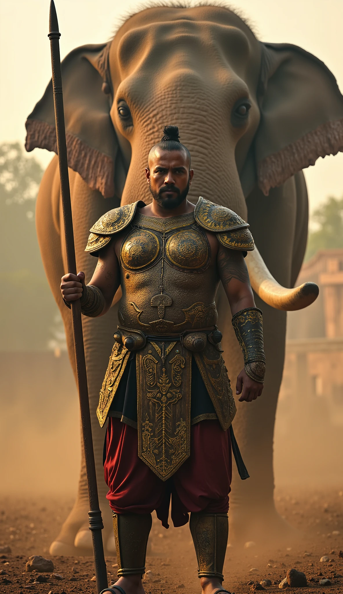 "A fierce and noble Ayutthaya-era warrior, clad in full traditional battle armor with intricate engravings, standing fearlessly in a powerful stance. His armor is adorned with gold and deep red accents, reflecting the grandeur of the era. His eyes burn with determination as he grips a long, ornate spear in one hand, ready for battle. Behind him, a massive war elephant towers over the scene—its tusks sharpened, its eyes fierce, draped in decorative battle armor with intricate Thai patterns. The atmosphere is intense, with dust swirling in the air, evoking the spirit of an ancient battlefield. The background is misty and dramatic, with hints of a ruined Ayutthaya temple shrouded in history. The lighting is moody, with warm golden hues illuminating the warrior and the beast, adding a cinematic and epic feel to the scene."