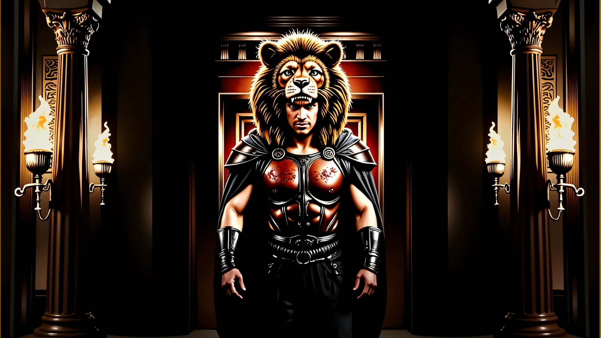 Greek columns, flaming torches, marble columns. Hercules wearing his lion armor. His helmet is the head of a lion. The scene is realistic with a wide frame. His armor is dirty with dust and blood, and his cape is dusty. blood, dust, greece, action, walking.
