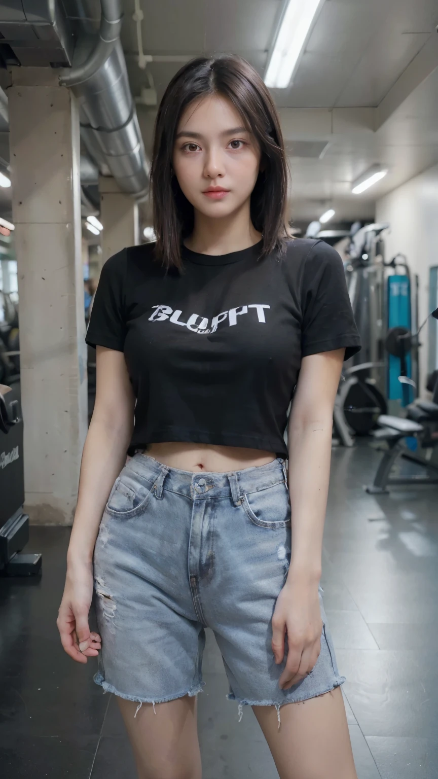 Slender Asian girl, kpop idol, ((gym uniform with t-shirt and tight pant)), ((top quality, 8k, masterpiece: 1.3)), crisp focus: 1.2, beautiful woman with perfect figure: 1.4, highly detailed face and skin texture, detailed eyes, ((skinny)), beautiful face, symmetrical face, full-length, in the gym