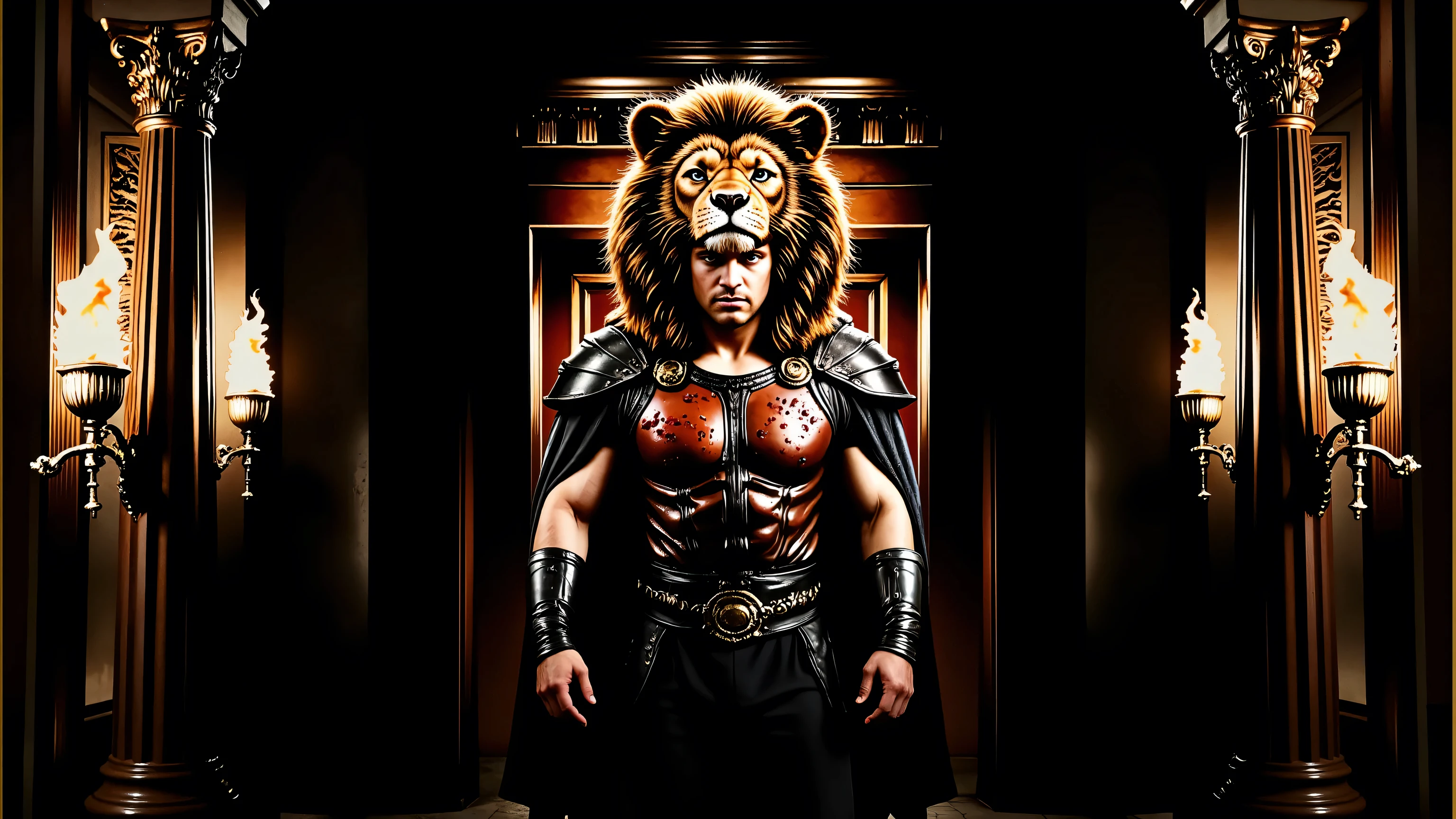 Greek columns, flaming torches, marble columns. Hercules wearing his lion armor. His helmet is the head of a lion. The scene is realistic with a wide frame. His armor is dirty with dust and blood, and his cape is dusty. blood, dust, greece, action, walking.