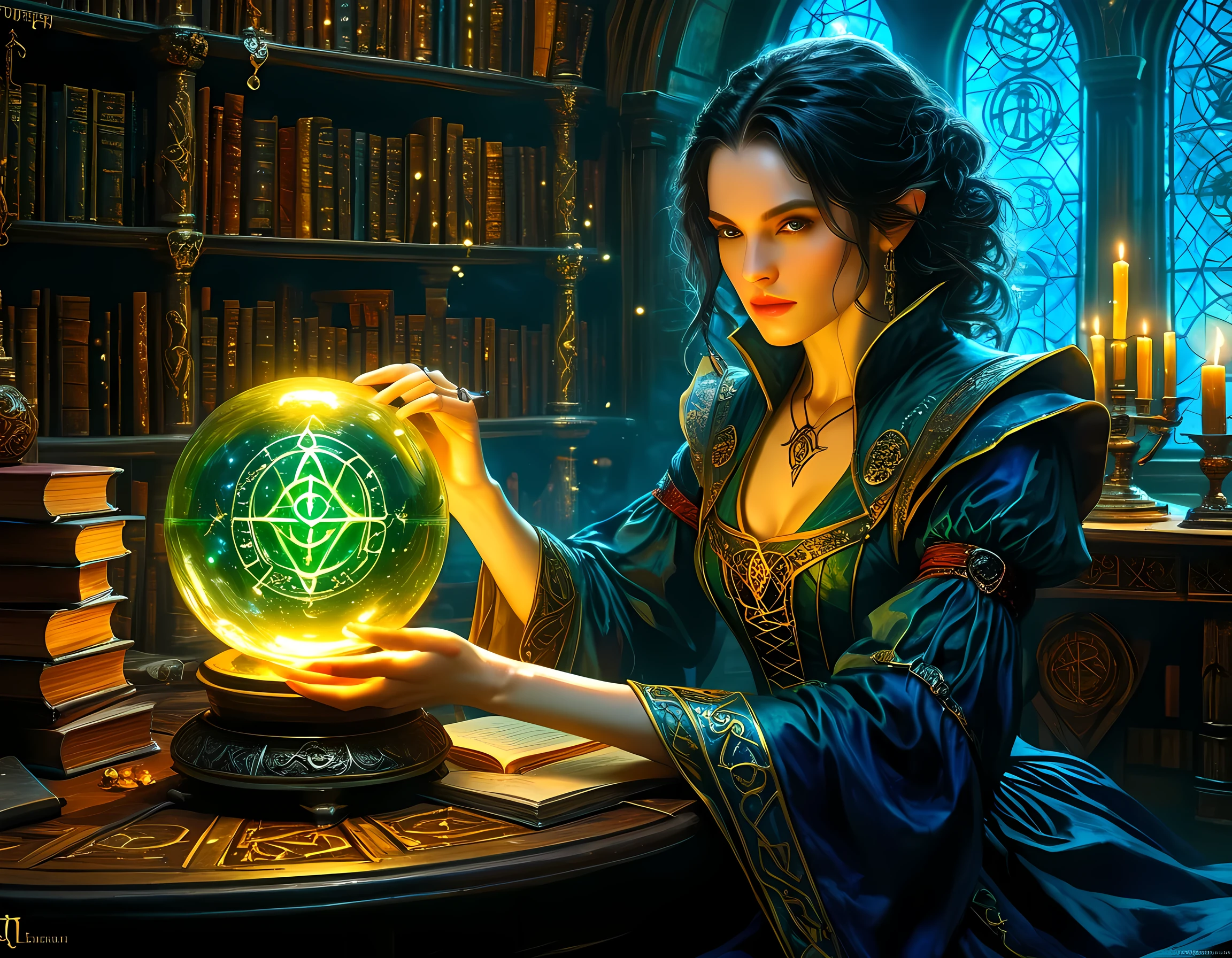  a picture of a human woman sorceress sittings in her magical lab, divining distant places in her crystal ball, epic beautiful human woman (best details, Masterpiece, best quality), ultra detailed face (best details, Masterpiece, best quality), black hair, short hair, blue eyes, pale skin, intricate red leather dress, (best details, Masterpiece, best quality), magical library, with many books, and magical runes and wards, glowing arcane sigils GlowingRunesAI_green, crystal ball (best details, Masterpiece, best quality) on table, runes on crystal balls GlowingRunes_yellow, fantasy magical library background   fantasy art, RPG art, (best details, Masterpiece, best quality), Ultra-Wide Angle, high detail, award winning, best quality, HD, 16K,  high details, best quality, highres, ultra wide angle, high details, best quality, Cinematic Shot
