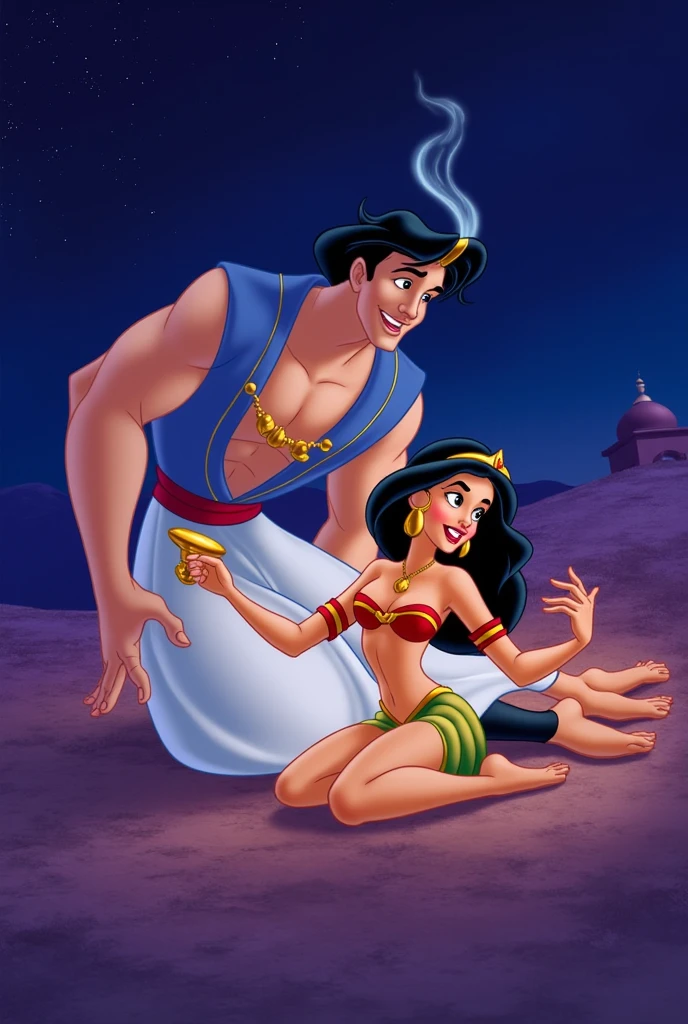 NSFW. (nude) (Jasmine, ((human)) medium breasts, strip of pubic hair), full body, legs spread, ahegao face, fucking, (one male furry horse with horse penis), in an Arabian flower garden by the sea, (depth of field) (dramatic sunlight)