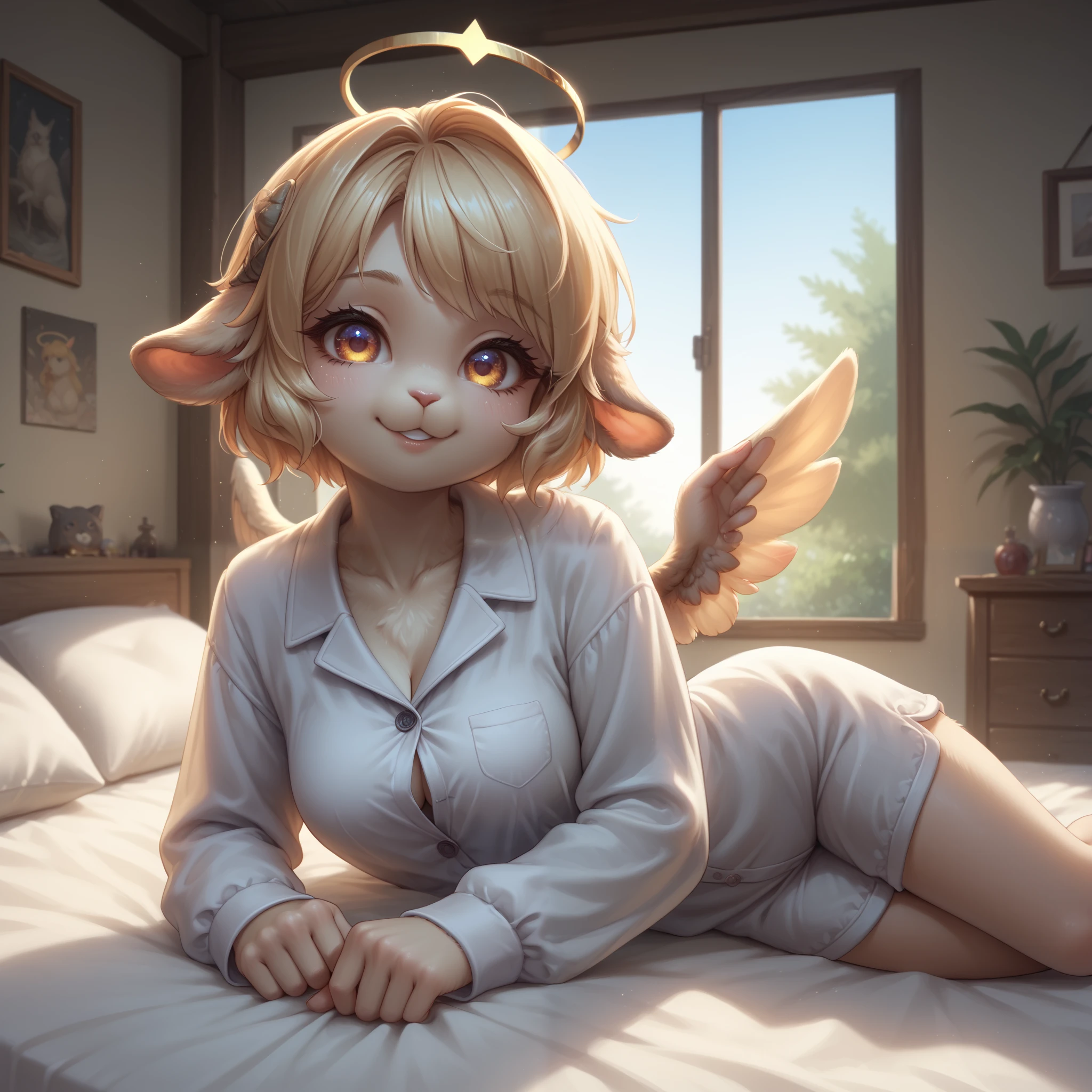 masterpiece, best quality, amazing quality, perfect composition, absurdres, highres, very aesthetic, newest, huge filesize, shaded, indoors, bedroom,
cowboy shot, front view, looking at viewer, on bed, lying, on side, looking at viewer, sexy smile, oral sex gesture with hands,
K33nie, furry female, anthro sheep, multicolored eyes, snout, blonde hair, short hair, wings, halo, petite, white pajamas, button. High quality art, extremely detailed, perfect face,