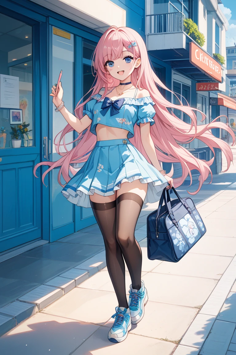 girl with pink hair with a high ponytail, a cute rabbit bag and her cell phone in her hand with a white blouse and blue ruffle skirt with white tennis shoes and a smile on her face in the style of mahou shoujo ni akogarete